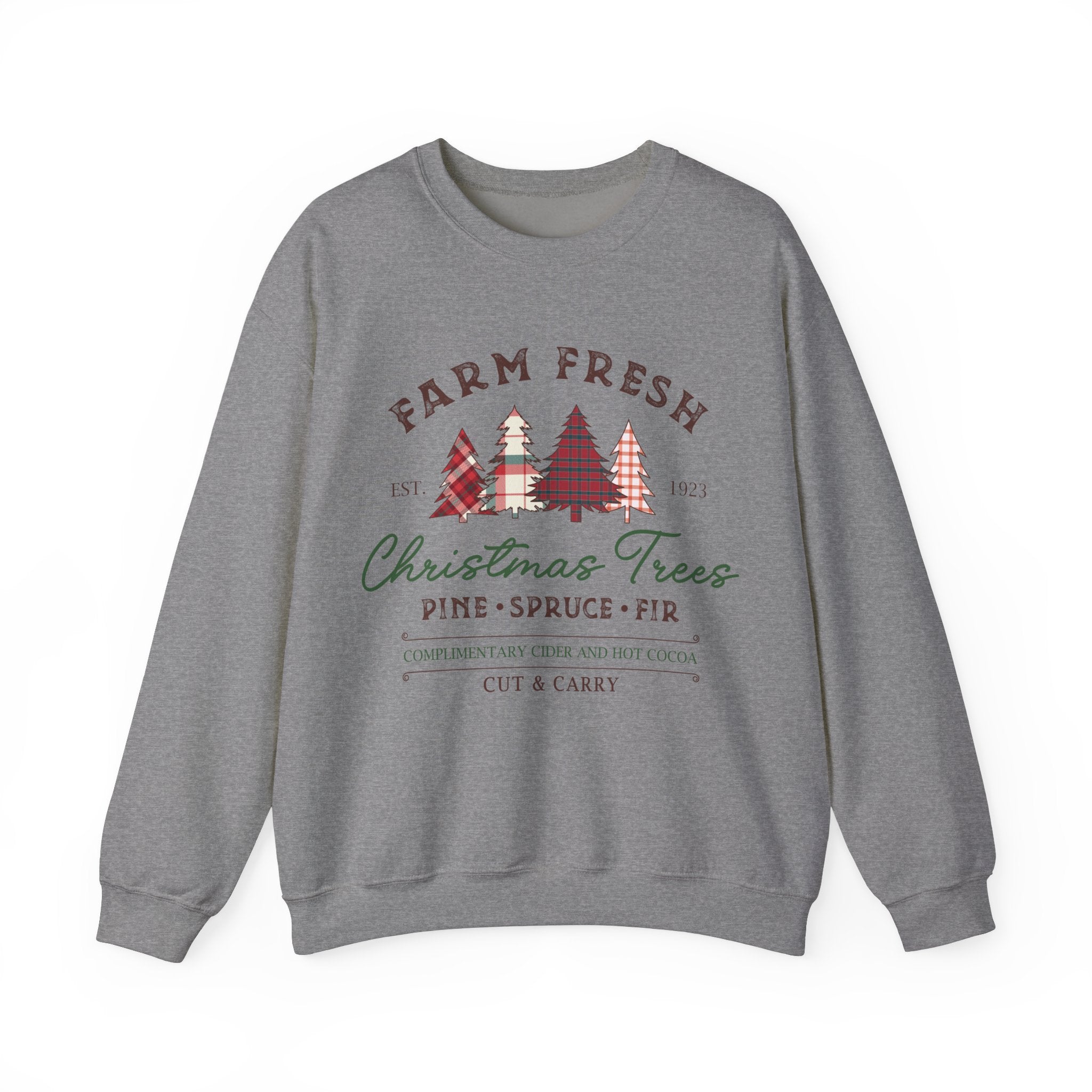 Gildan Farm Fresh Christmas Trees Crewneck Sweatshirt | Cozy Holiday Sweatshirt with Pine & Spruce Design