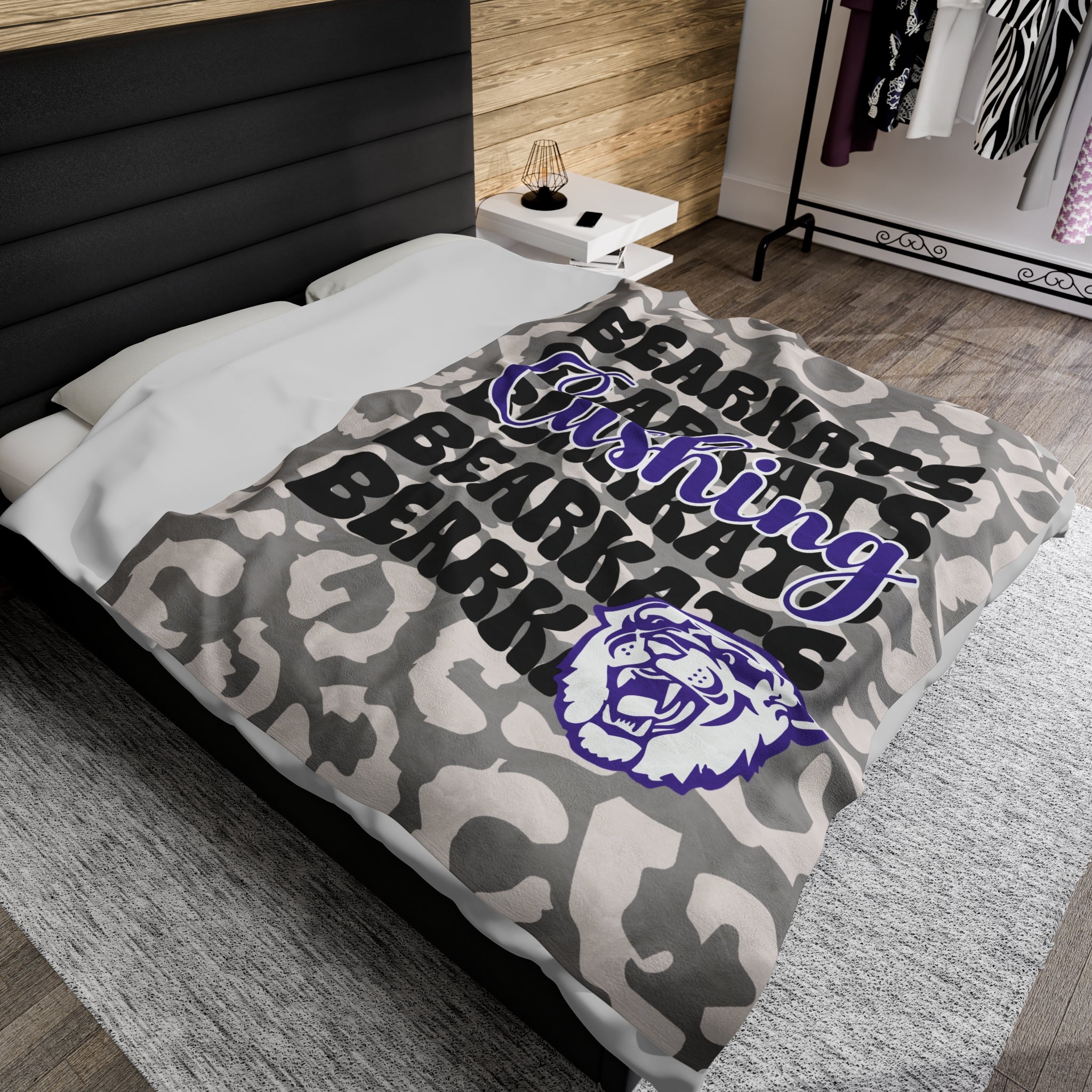 SCHOOL SPIRIT BLANKET | CUSHING BEARKATS | GRAY LEOPARD STACKED LOGO