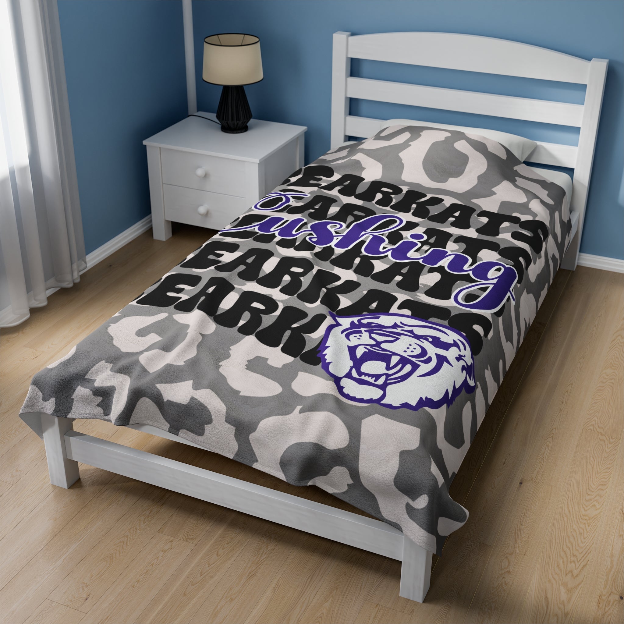 SCHOOL SPIRIT BLANKET | CUSHING BEARKATS | GRAY LEOPARD STACKED LOGO