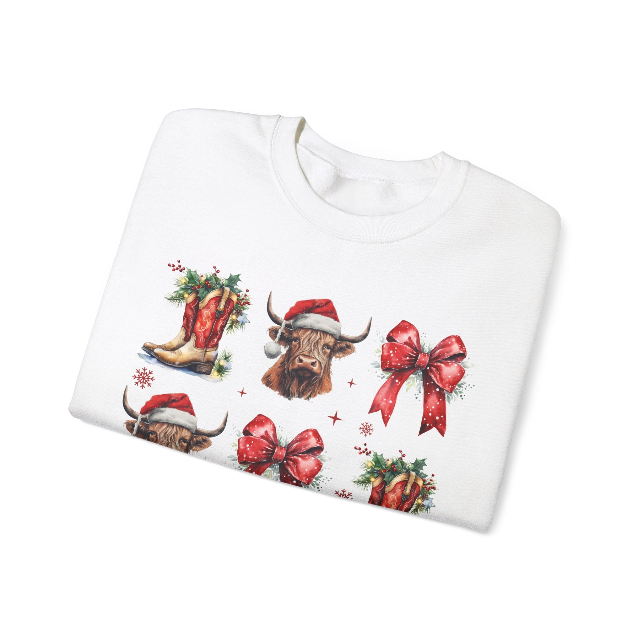 Gildan Festive Holiday Bull Sweatshirt | Unisex Christmas Crewneck featuring Santa Hats & Bows