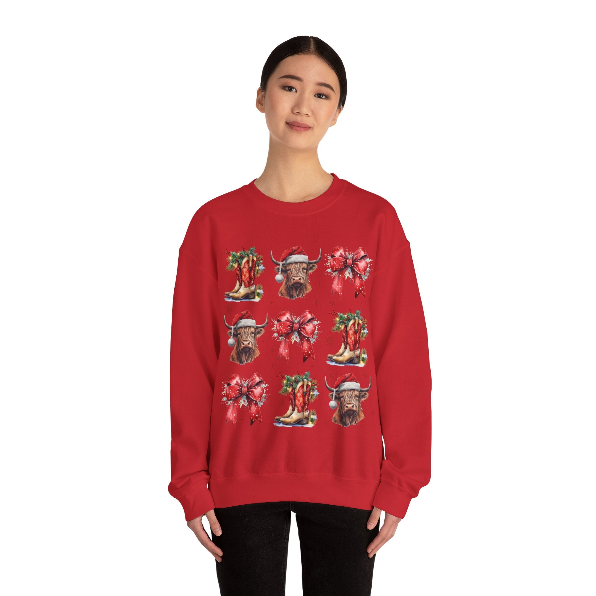 Gildan Festive Holiday Bull Sweatshirt | Unisex Christmas Crewneck featuring Santa Hats & Bows