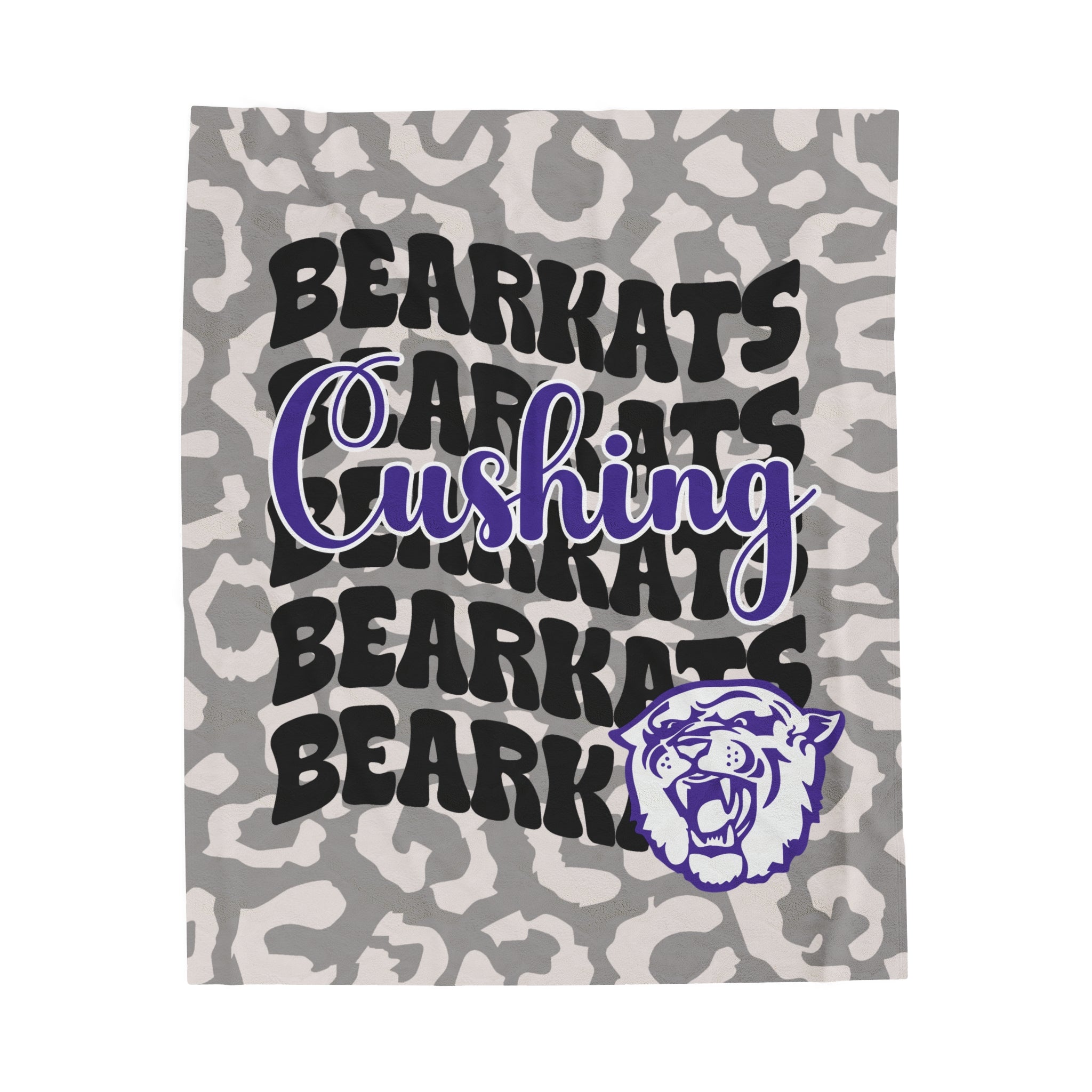 SCHOOL SPIRIT BLANKET | CUSHING BEARKATS | GRAY LEOPARD STACKED LOGO