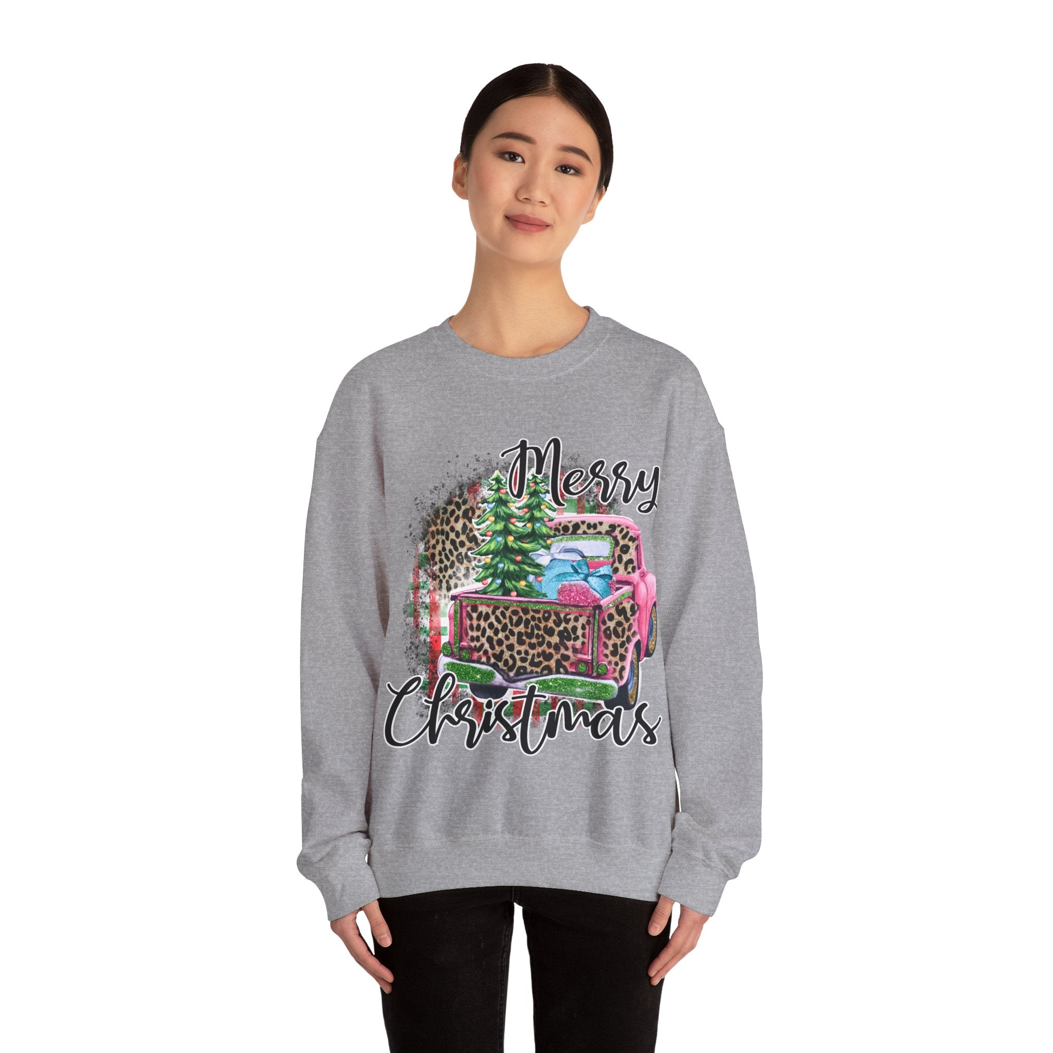 Gildan Merry Christmas Leopard Print Crewneck Sweatshirt for Holiday Comfort