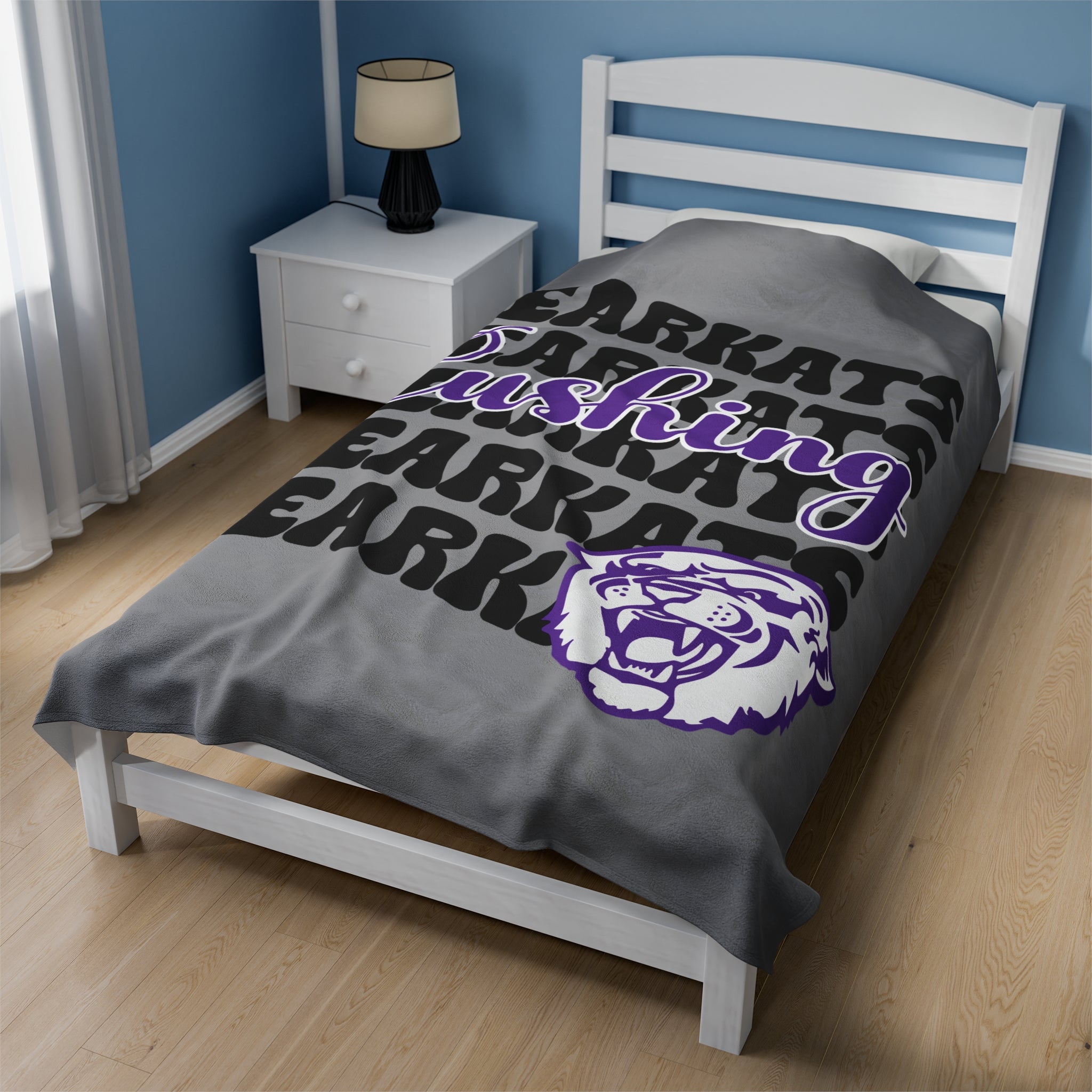 School Spirit Velveteen Plush Blanket | CUSHING BEARKATS | GRAY STACKED LOGO NEW