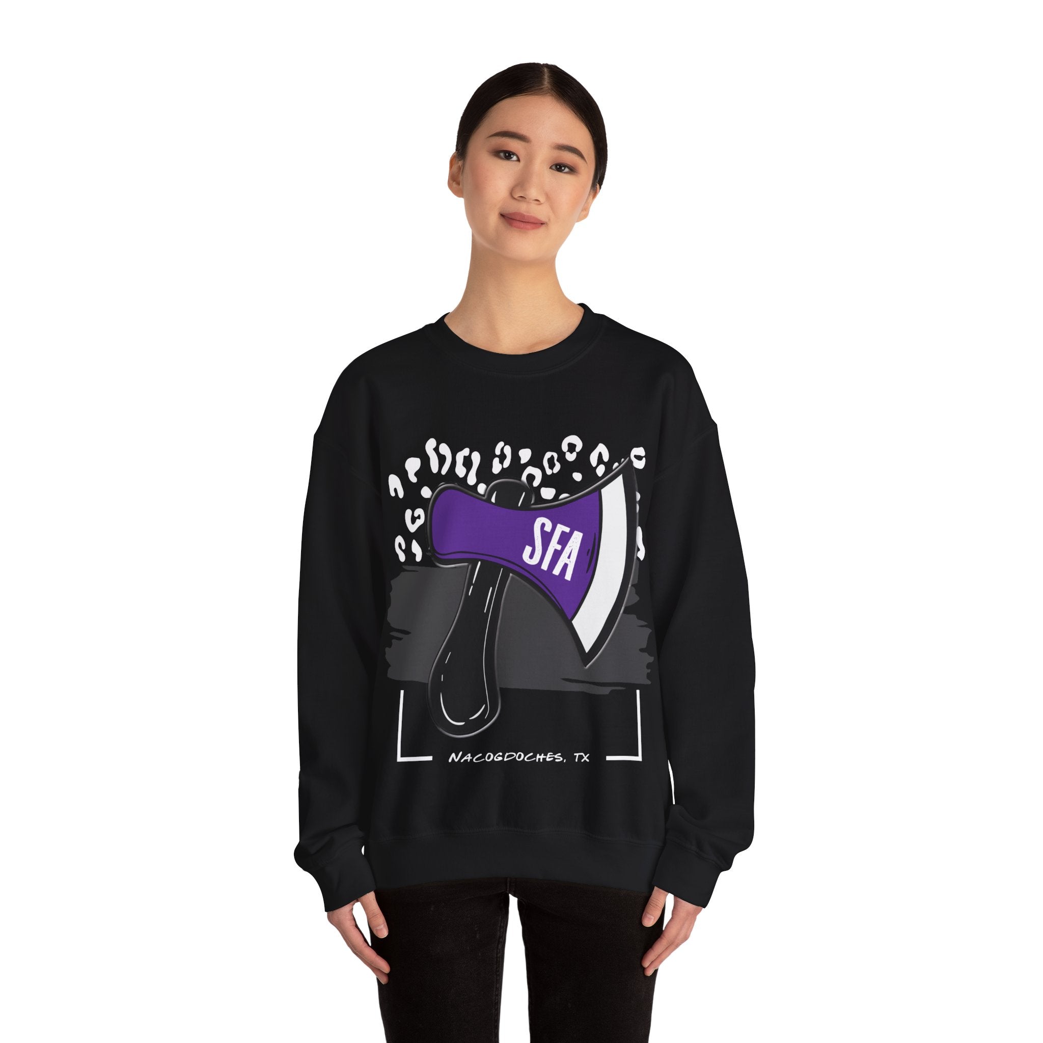 Gildan Unisex Heavy Blend™ Crewneck Collegiate Sweatshirt | SFASU  | LEOPARD AXE SFA