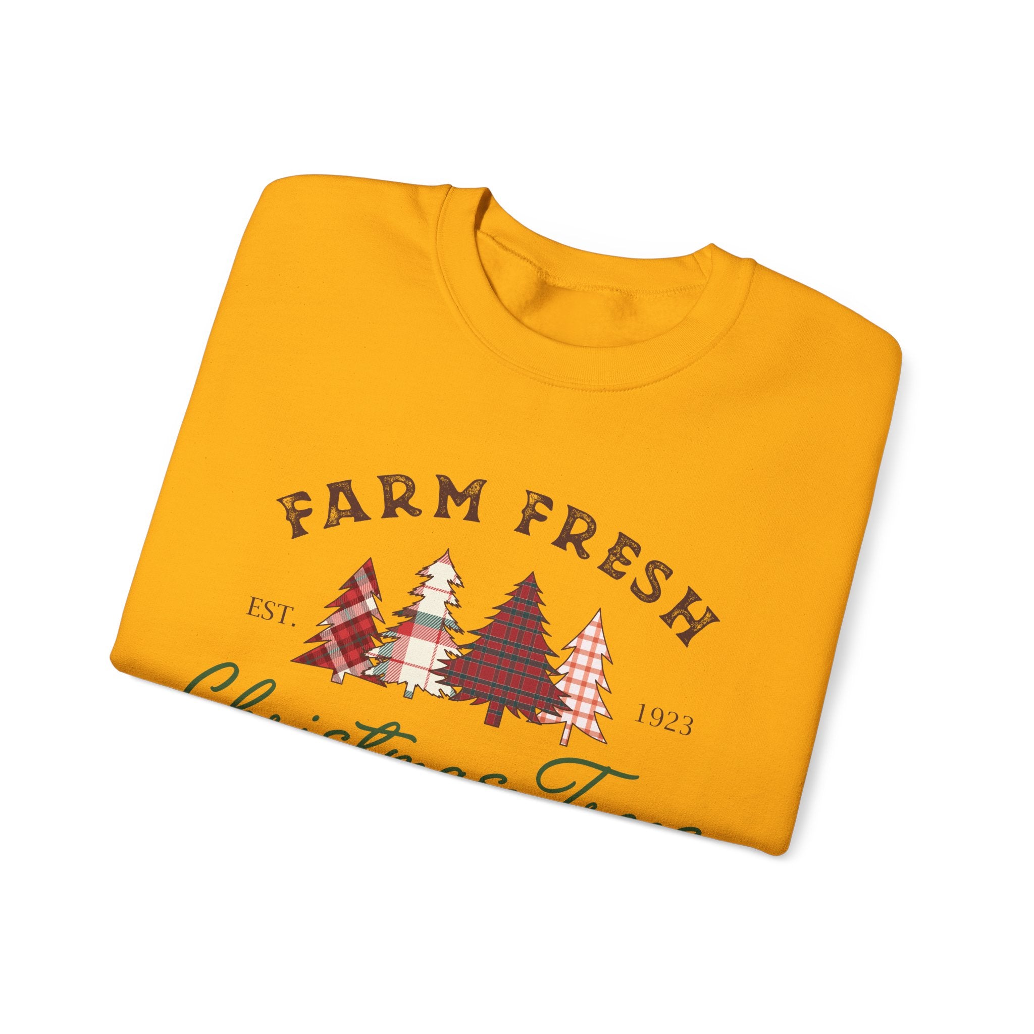 Gildan Farm Fresh Christmas Trees Crewneck Sweatshirt | Cozy Holiday Sweatshirt with Pine & Spruce Design