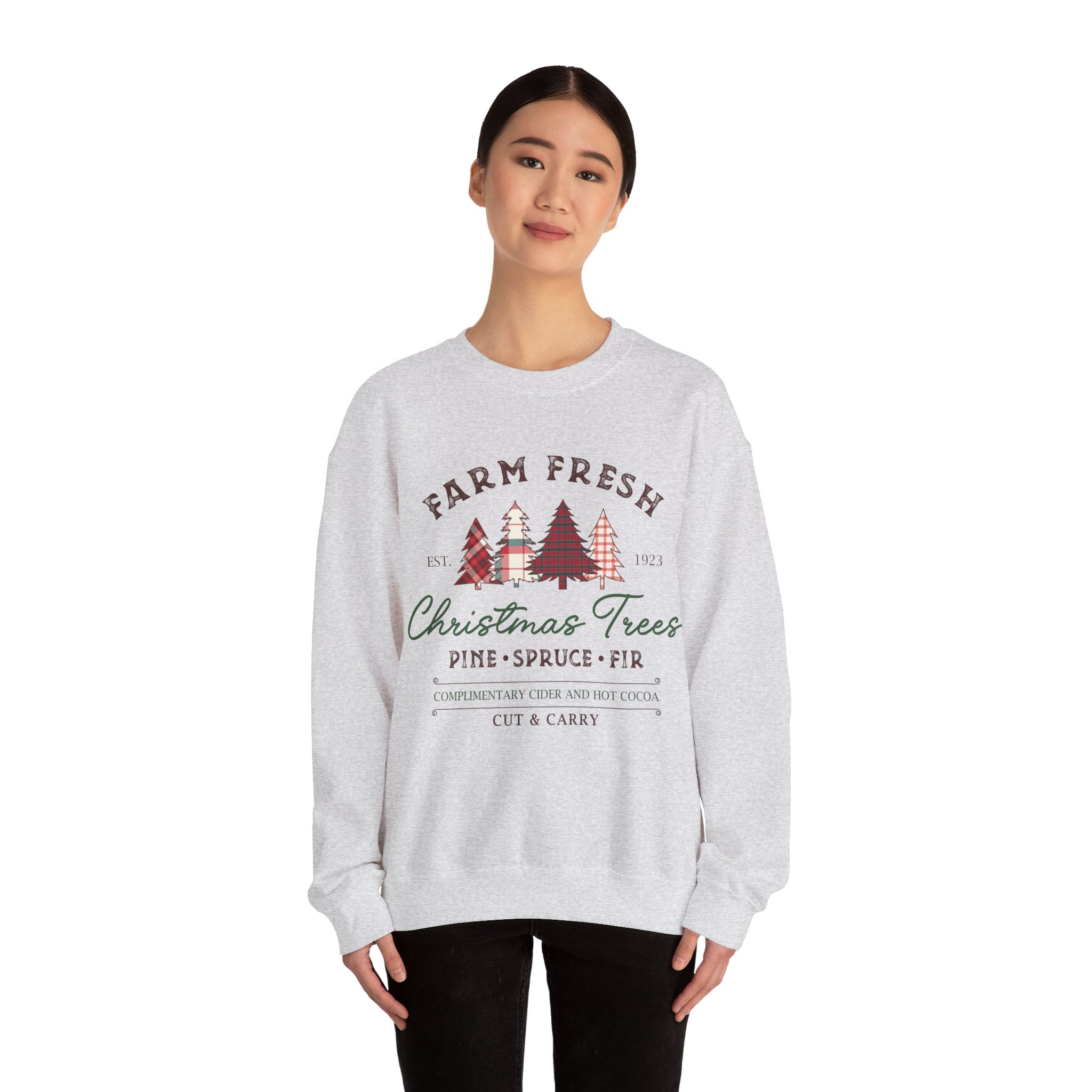 Gildan Farm Fresh Christmas Trees Crewneck Sweatshirt | Cozy Holiday Sweatshirt with Pine & Spruce Design