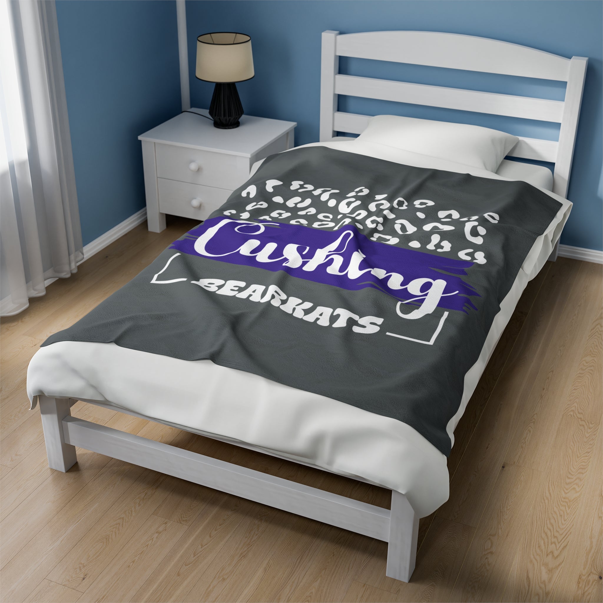 SCHOOL SPIRIT BLANKET | CUSHING BEARKATS | DARK GRAY - WHITE LEOPARD FRAME | CURSIVE FONT