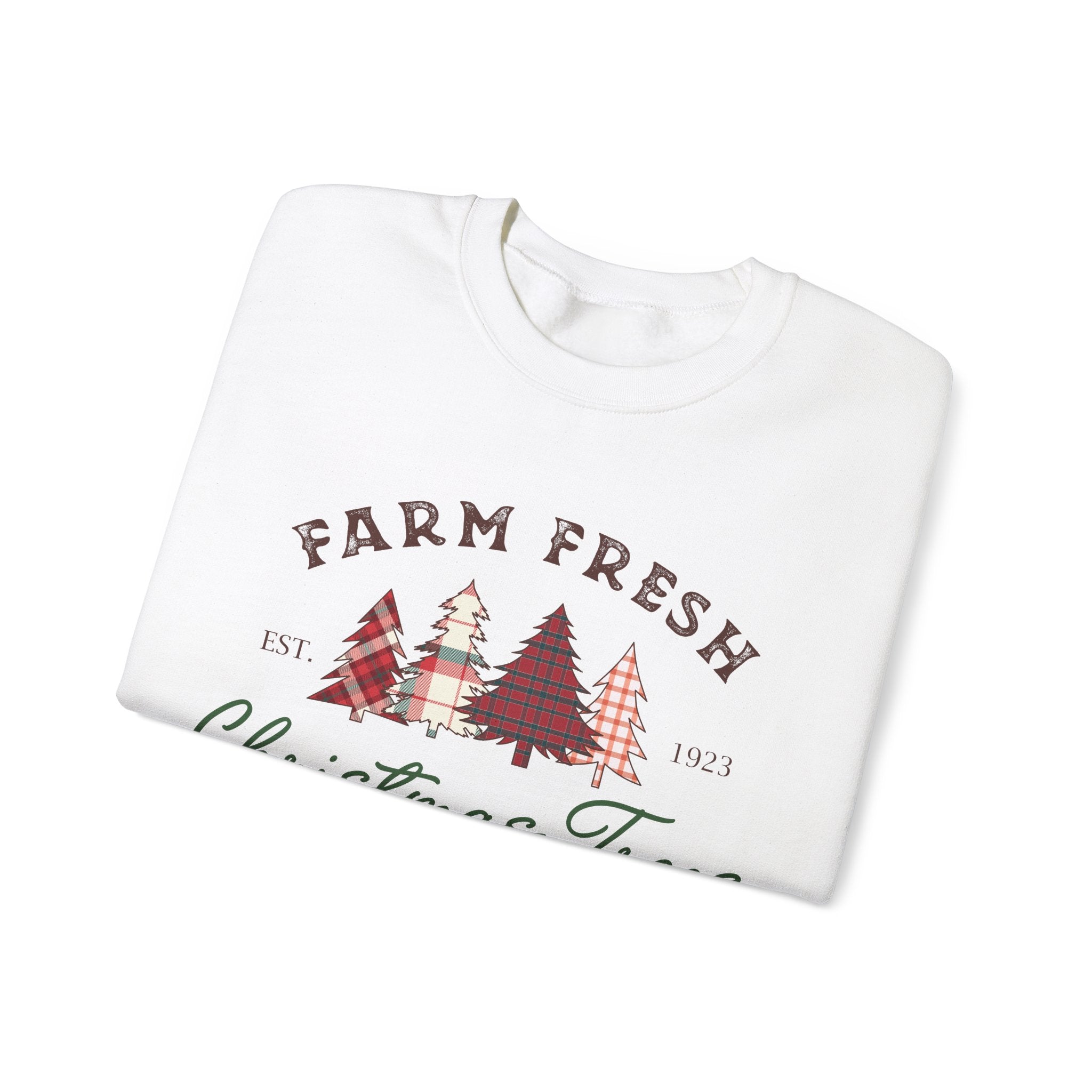 Gildan Farm Fresh Christmas Trees Crewneck Sweatshirt | Cozy Holiday Sweatshirt with Pine & Spruce Design