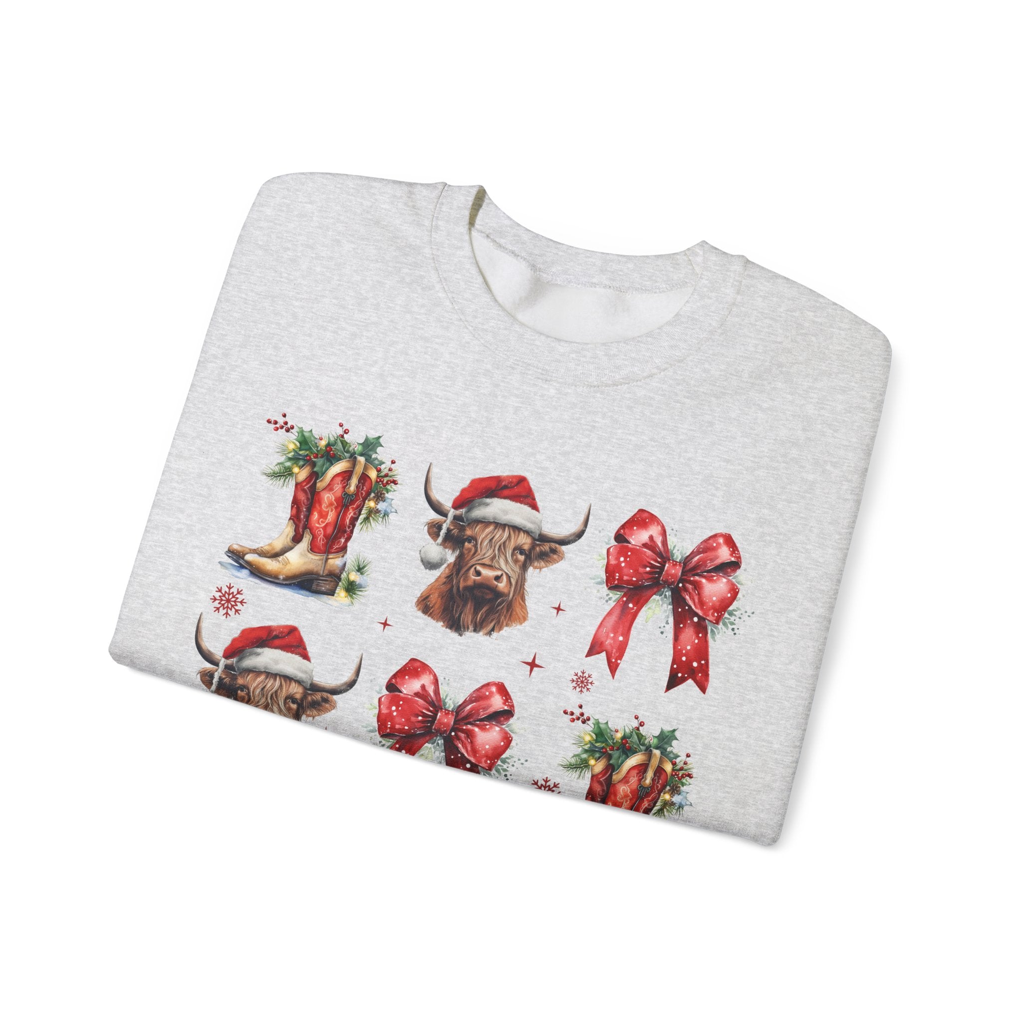 Gildan Festive Holiday Bull Sweatshirt | Unisex Christmas Crewneck featuring Santa Hats & Bows