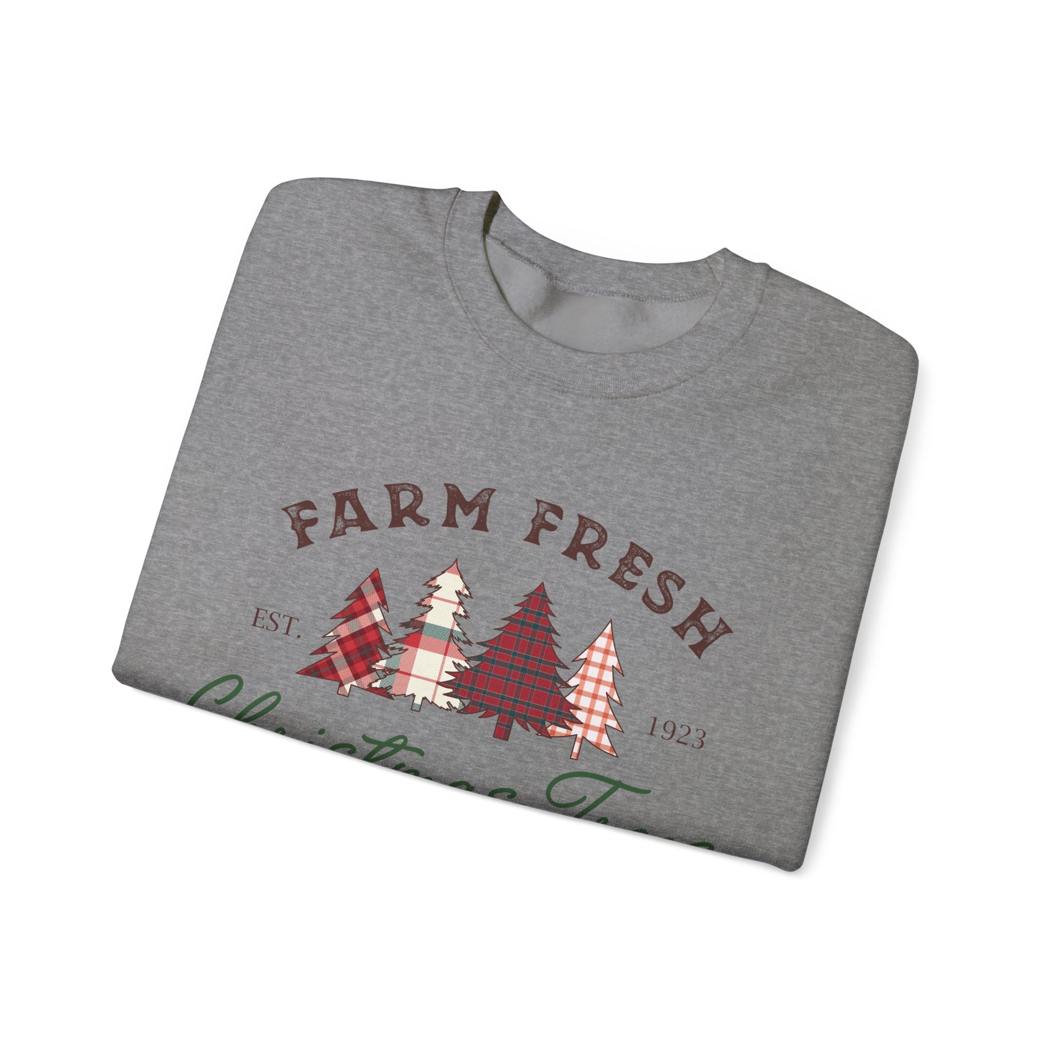 Gildan Farm Fresh Christmas Trees Crewneck Sweatshirt | Cozy Holiday Sweatshirt with Pine & Spruce Design