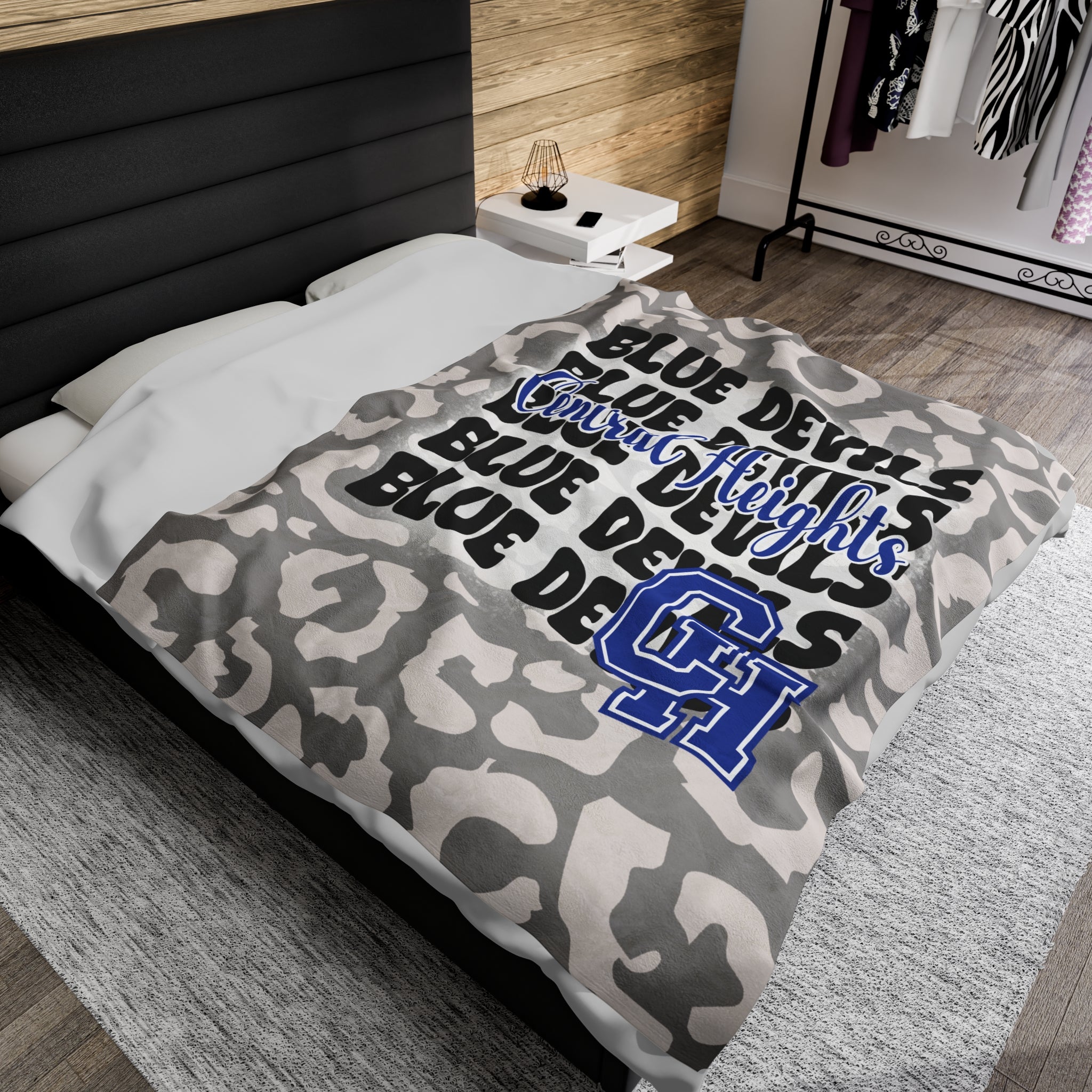 School Spirit Blanket | CENTRAL HEIGHTS BLUE DEVILS | STACKED GRAY LEOPARD