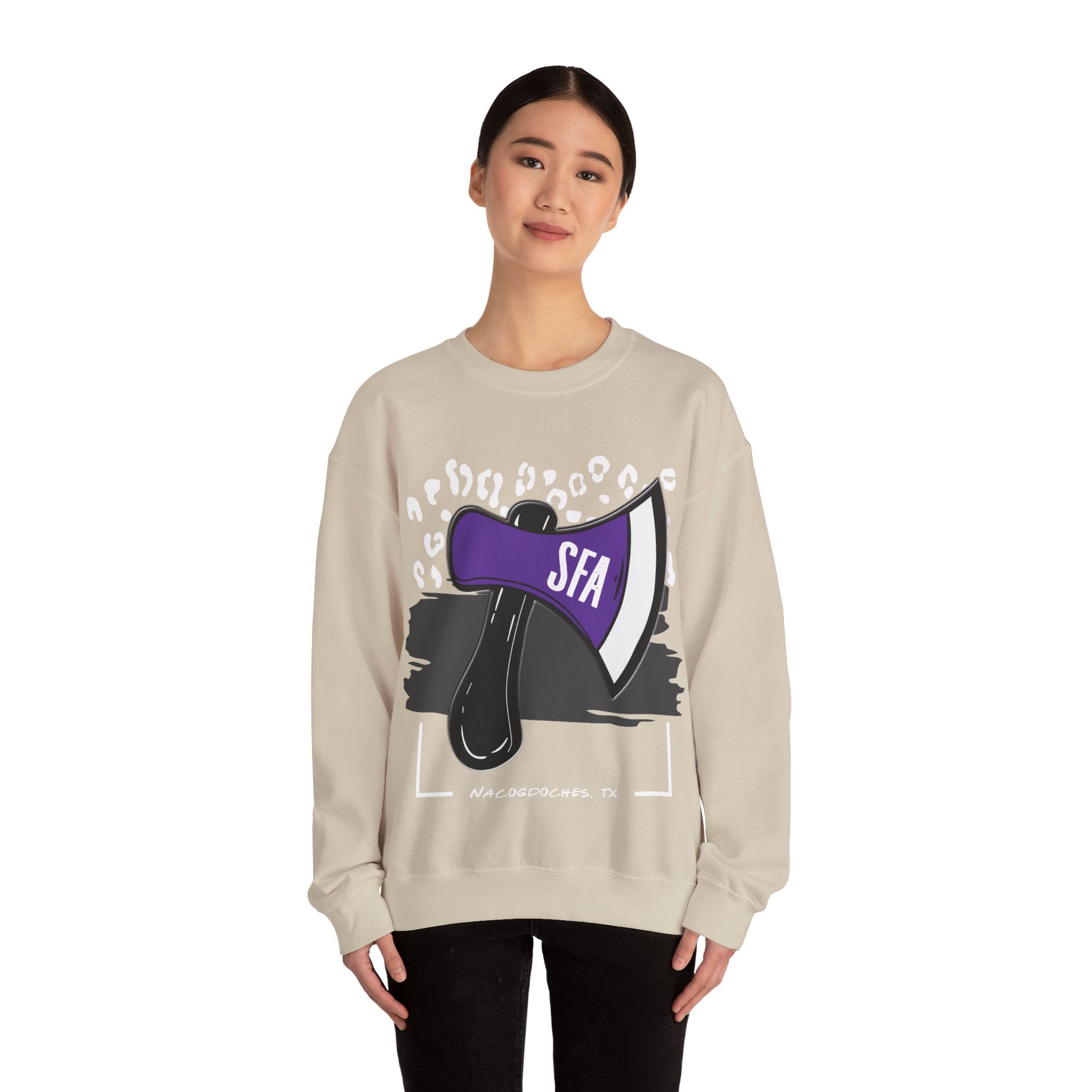 Gildan Unisex Heavy Blend™ Crewneck Collegiate Sweatshirt | SFASU  | LEOPARD AXE SFA