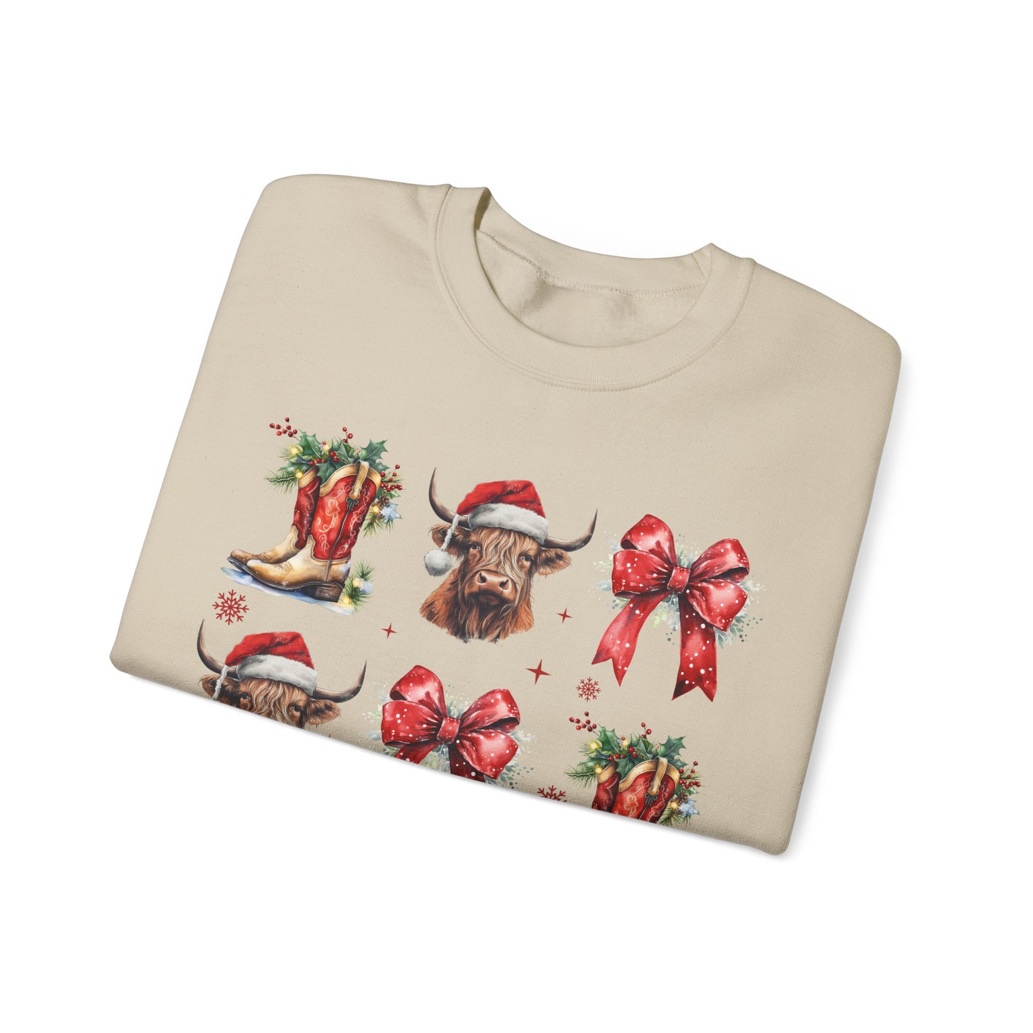 Gildan Festive Holiday Bull Sweatshirt | Unisex Christmas Crewneck featuring Santa Hats & Bows