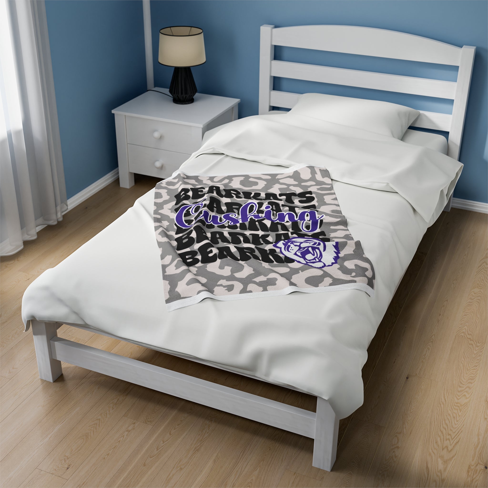 SCHOOL SPIRIT BLANKET | CUSHING BEARKATS | GRAY LEOPARD STACKED LOGO