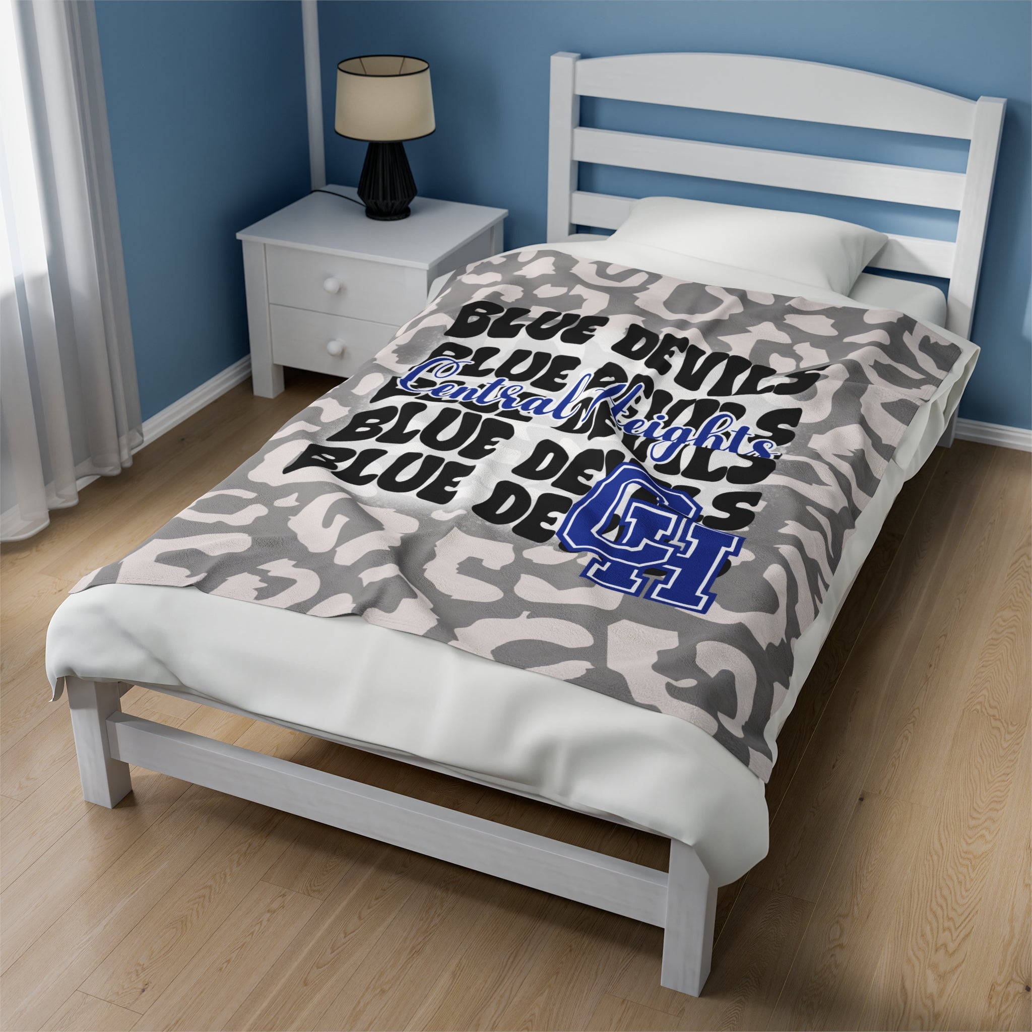 School Spirit Blanket | CENTRAL HEIGHTS BLUE DEVILS | STACKED GRAY LEOPARD