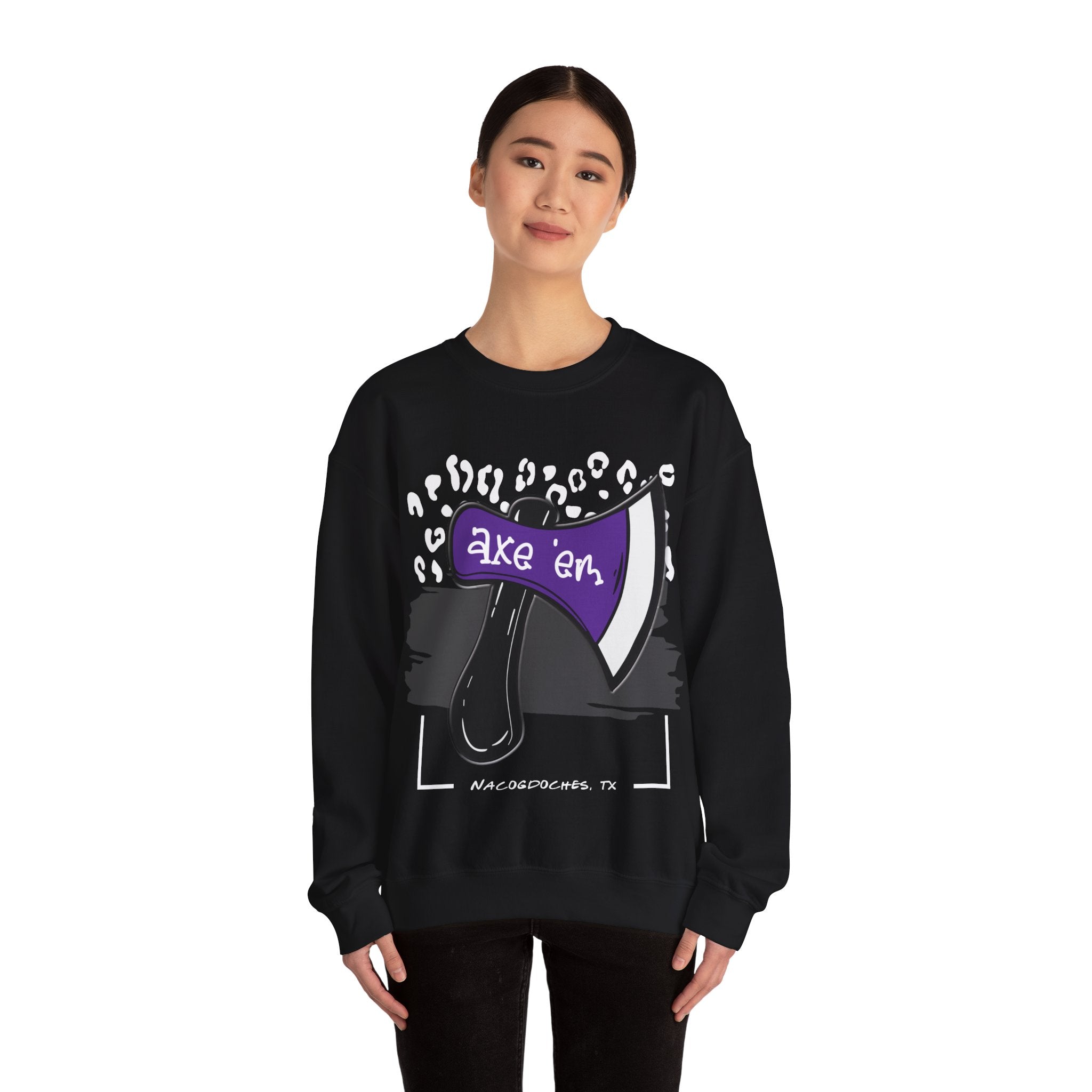 Gildan Unisex Heavy Blend™ Crewneck Collegiate Sweatshirt | SFASU  | LEOPARD AXE E'M