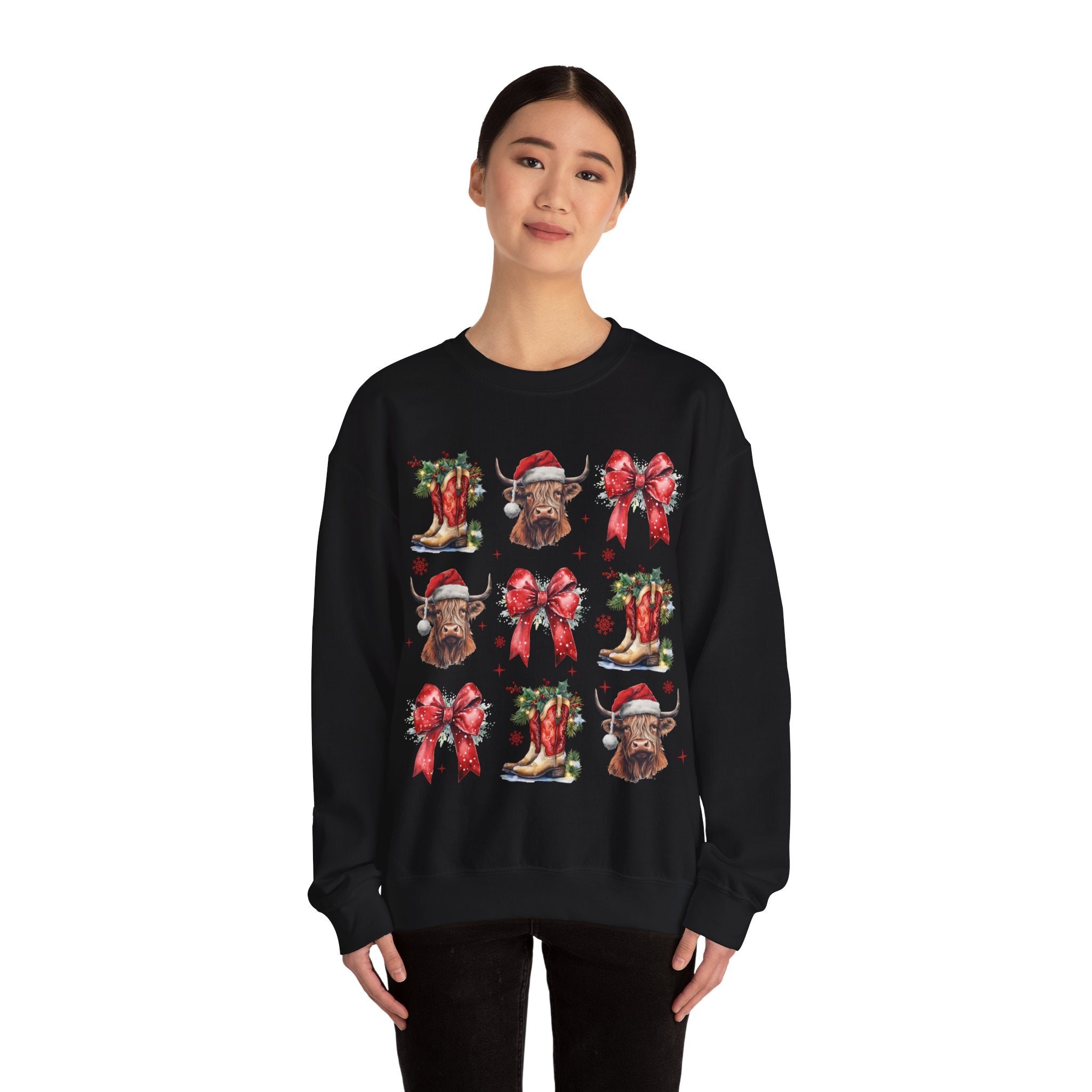 Gildan Festive Holiday Bull Sweatshirt | Unisex Christmas Crewneck featuring Santa Hats & Bows