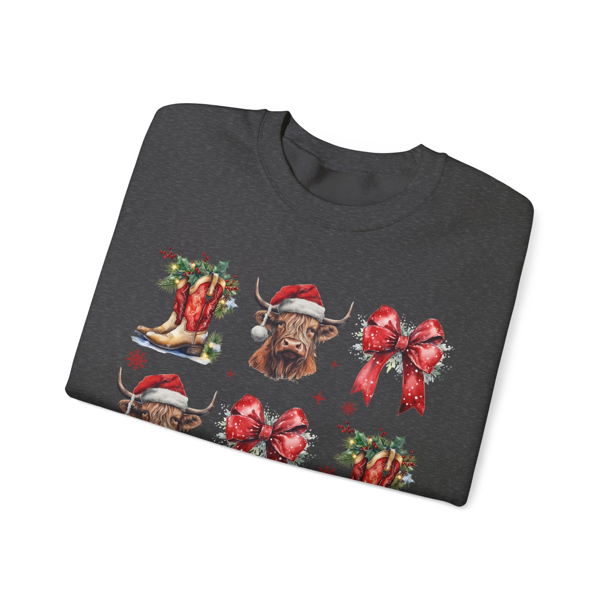 Gildan Festive Holiday Bull Sweatshirt | Unisex Christmas Crewneck featuring Santa Hats & Bows