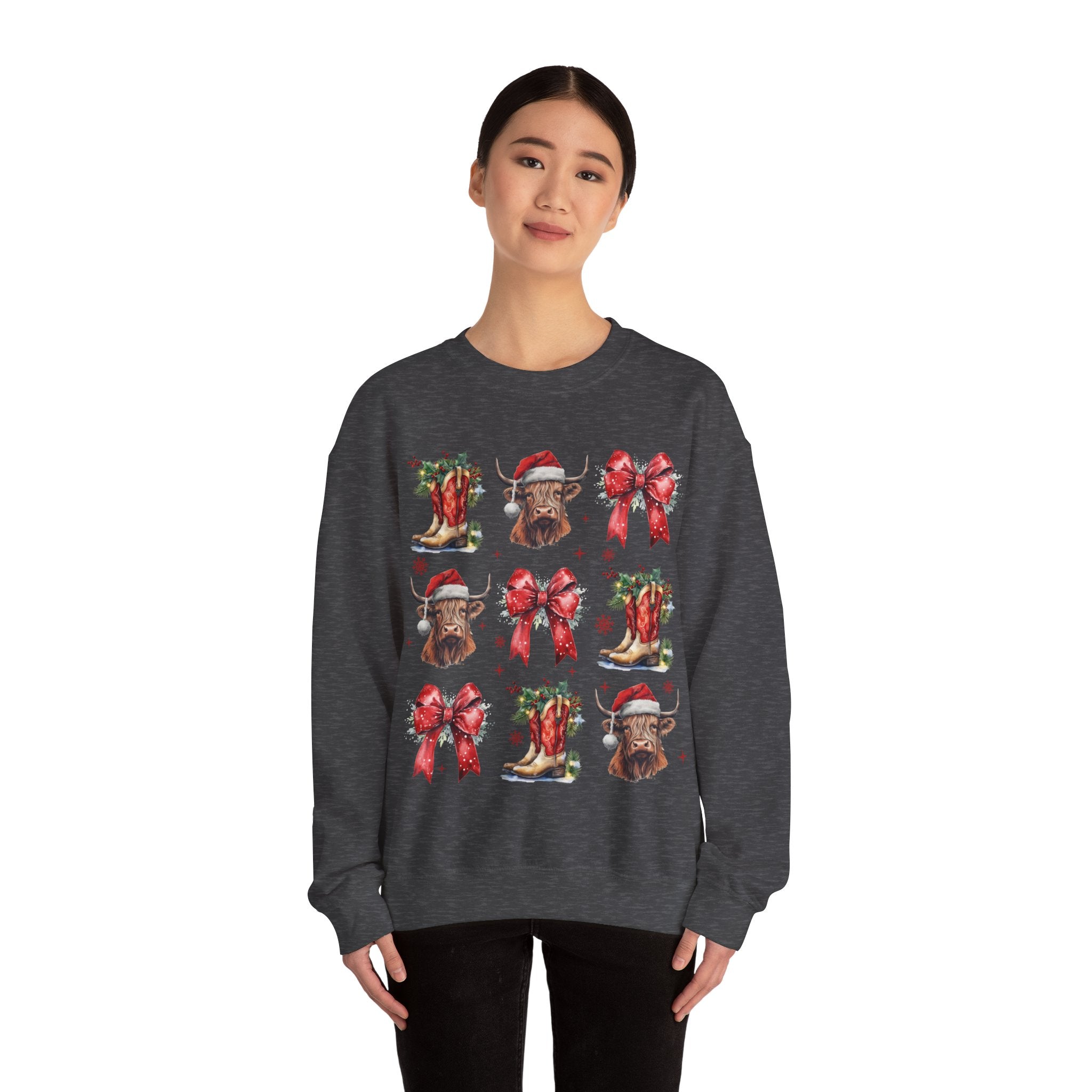 Gildan Festive Holiday Bull Sweatshirt | Unisex Christmas Crewneck featuring Santa Hats & Bows