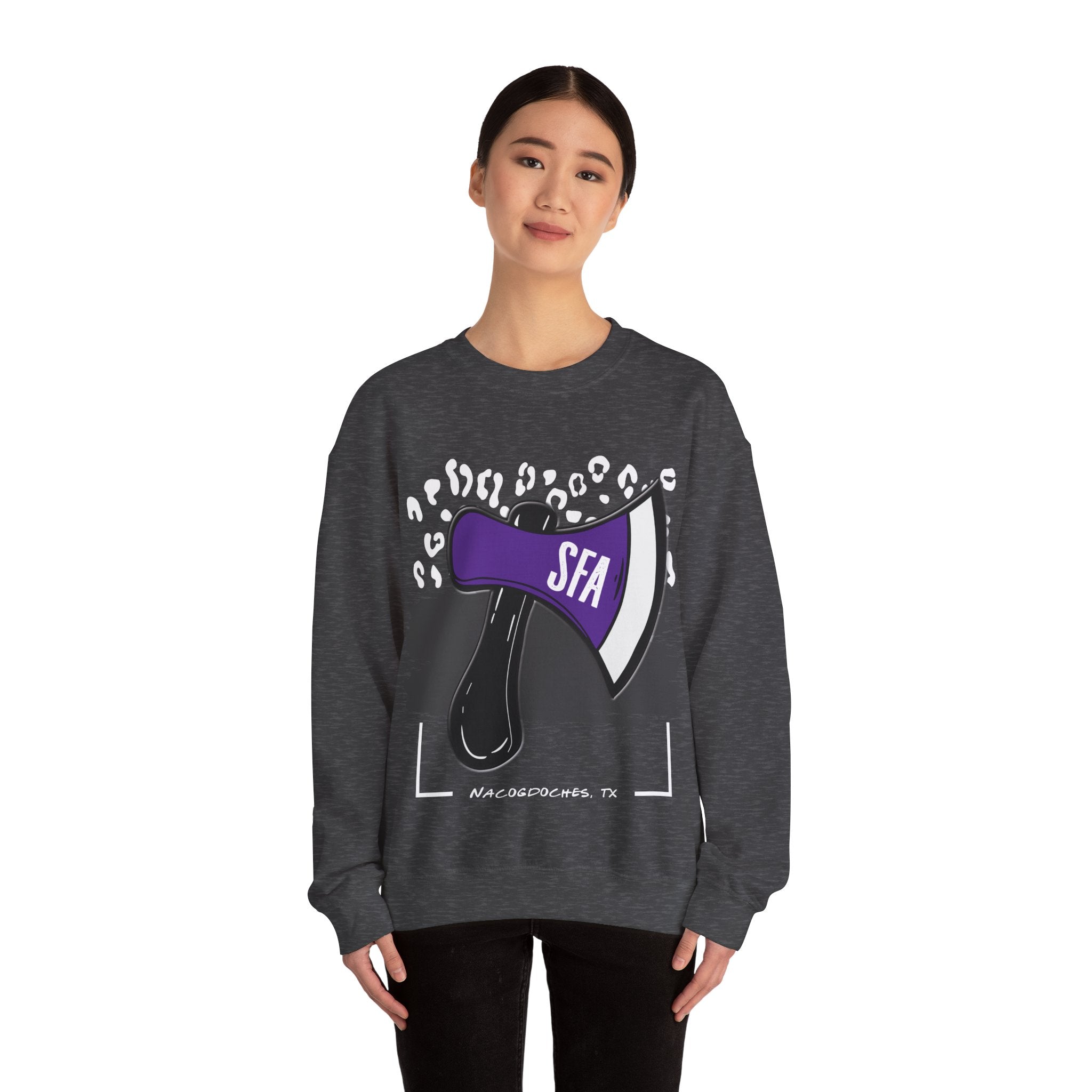 Gildan Unisex Heavy Blend™ Crewneck Collegiate Sweatshirt | SFASU  | LEOPARD AXE SFA