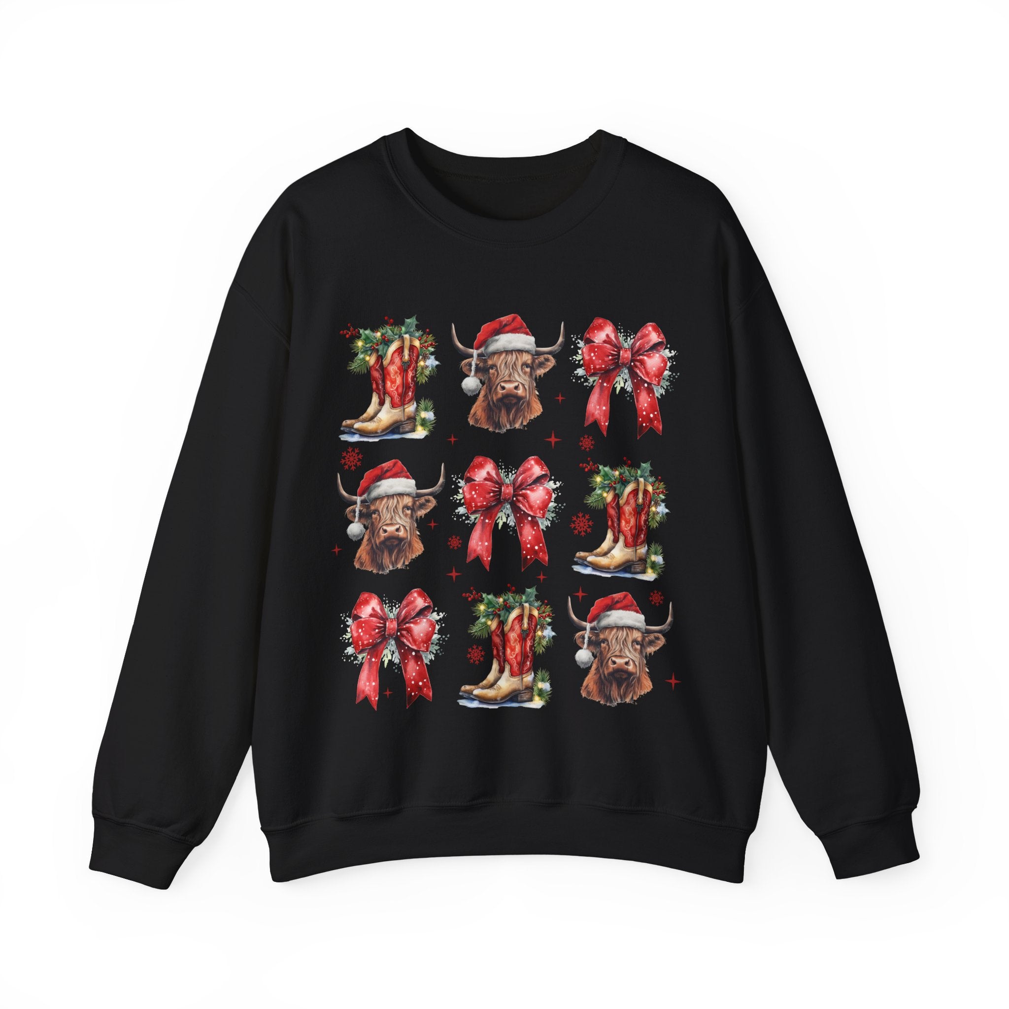 Gildan Festive Holiday Bull Sweatshirt | Unisex Christmas Crewneck featuring Santa Hats & Bows