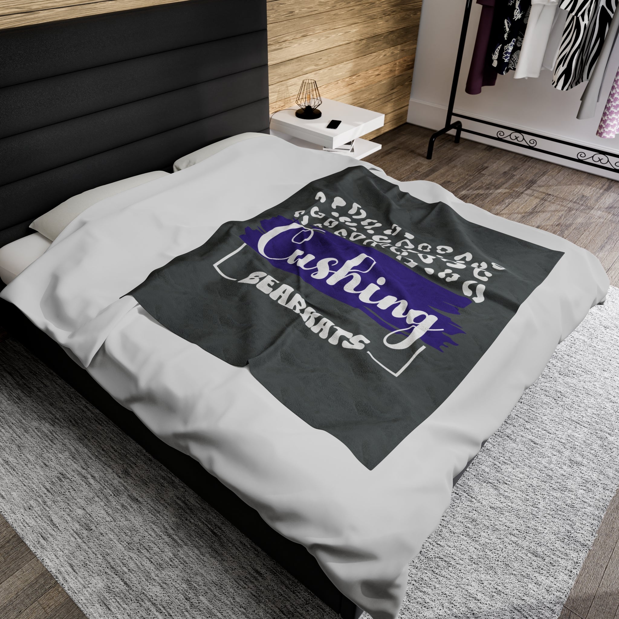 SCHOOL SPIRIT BLANKET | CUSHING BEARKATS | DARK GRAY - WHITE LEOPARD FRAME | CURSIVE FONT