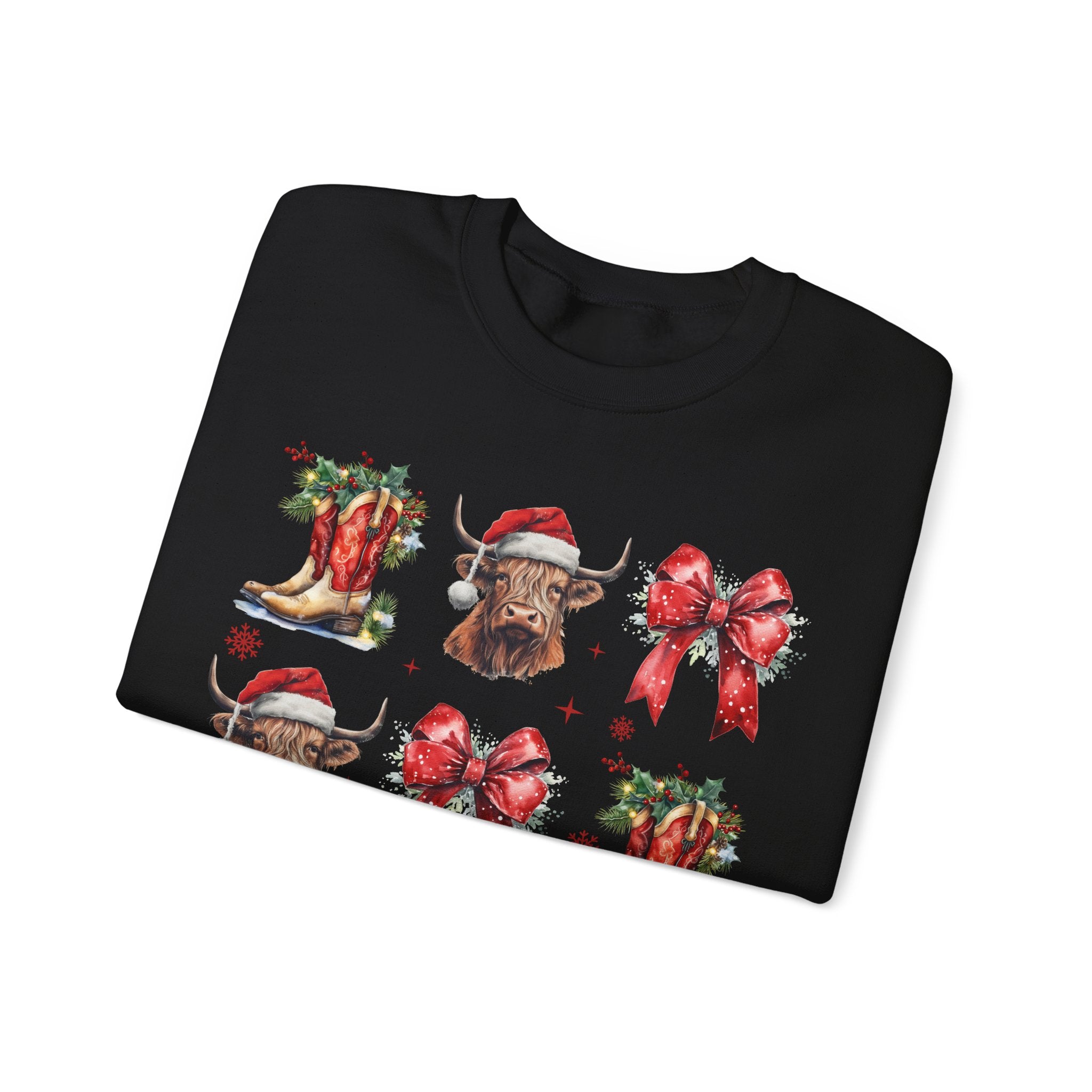 Gildan Festive Holiday Bull Sweatshirt | Unisex Christmas Crewneck featuring Santa Hats & Bows