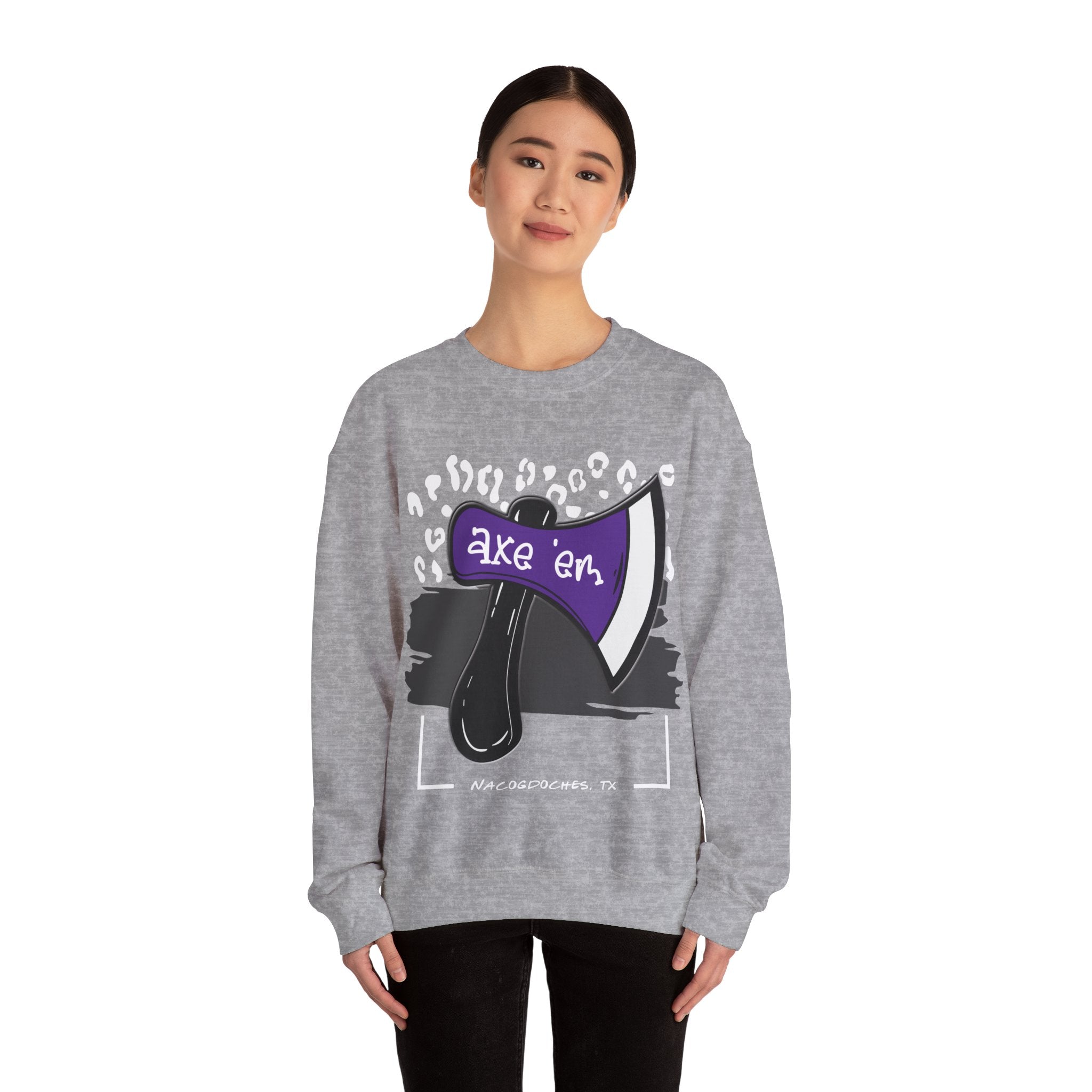 Gildan Unisex Heavy Blend™ Crewneck Collegiate Sweatshirt | SFASU  | LEOPARD AXE E'M