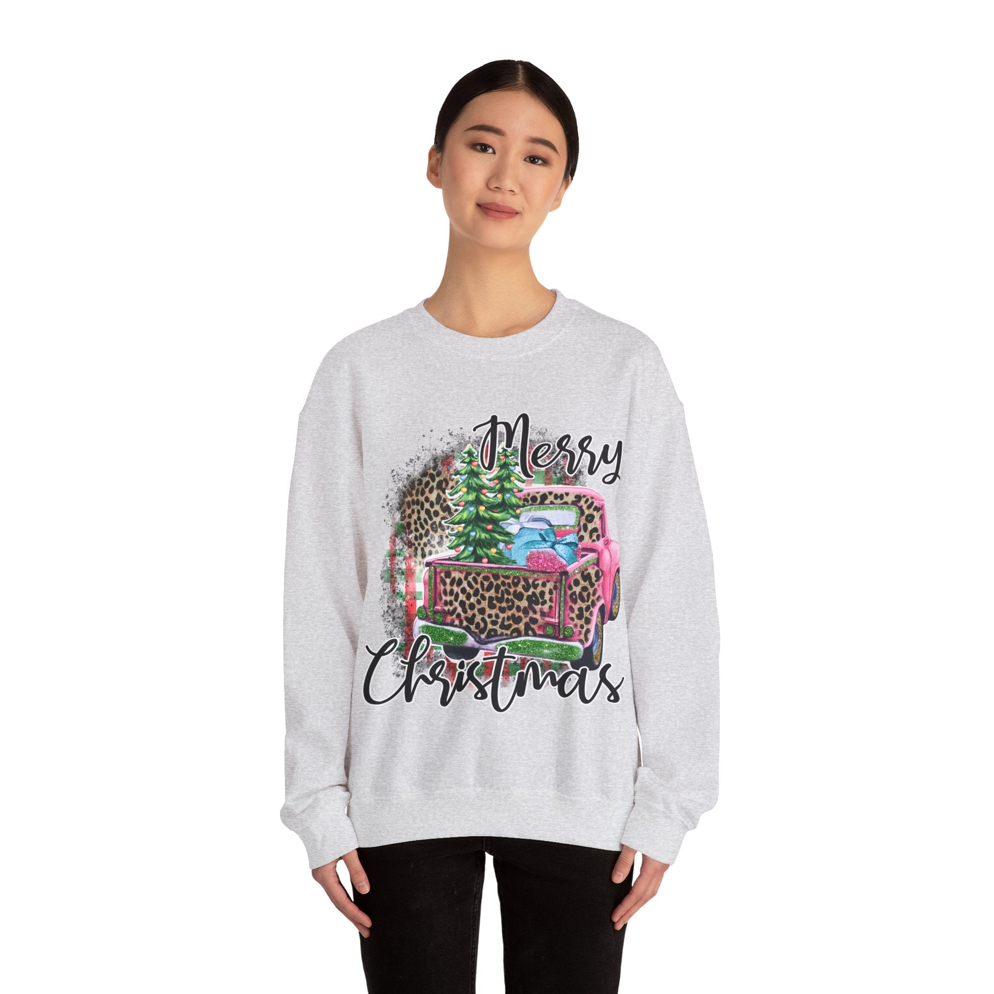 Gildan Merry Christmas Leopard Print Crewneck Sweatshirt for Holiday Comfort