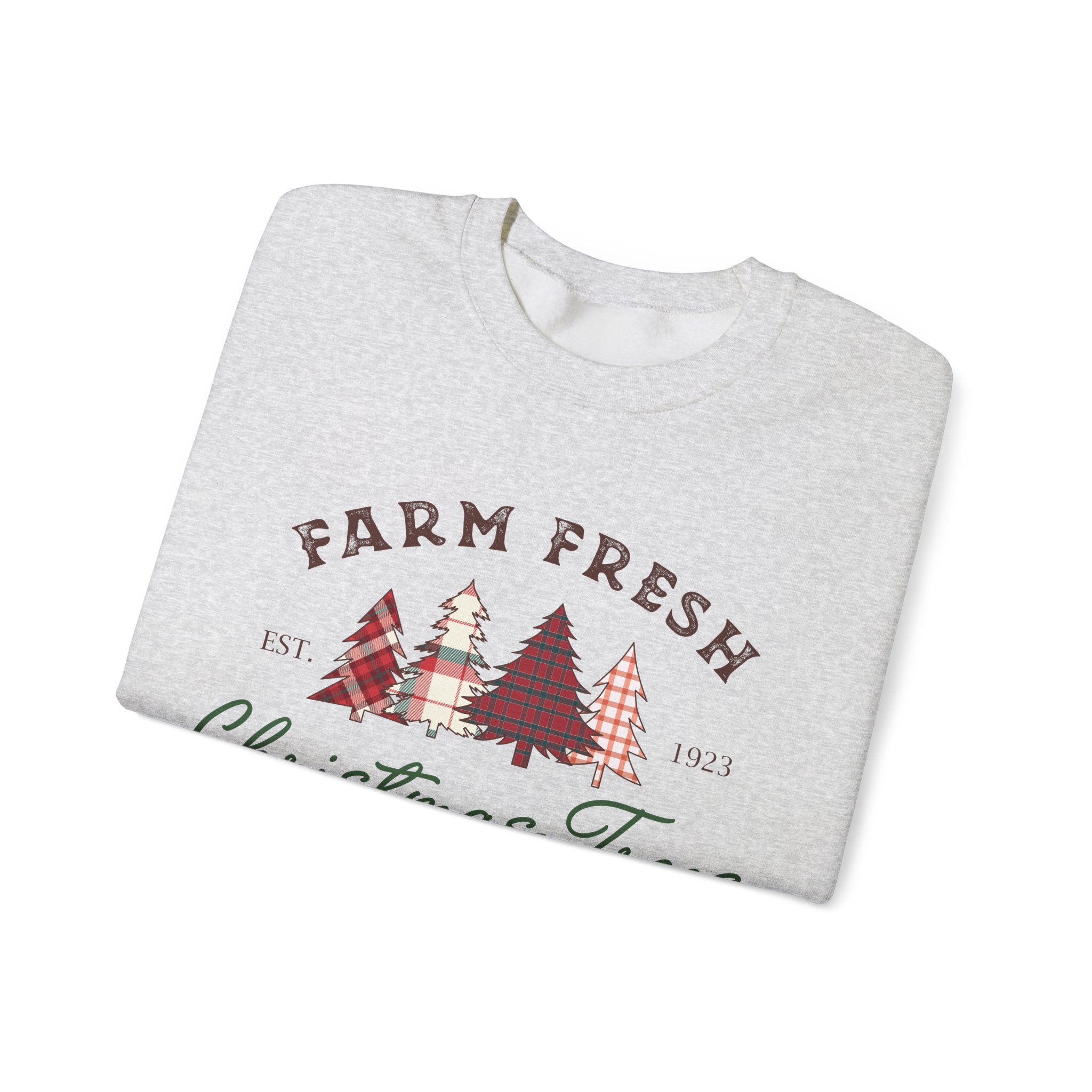 Gildan Farm Fresh Christmas Trees Crewneck Sweatshirt | Cozy Holiday Sweatshirt with Pine & Spruce Design