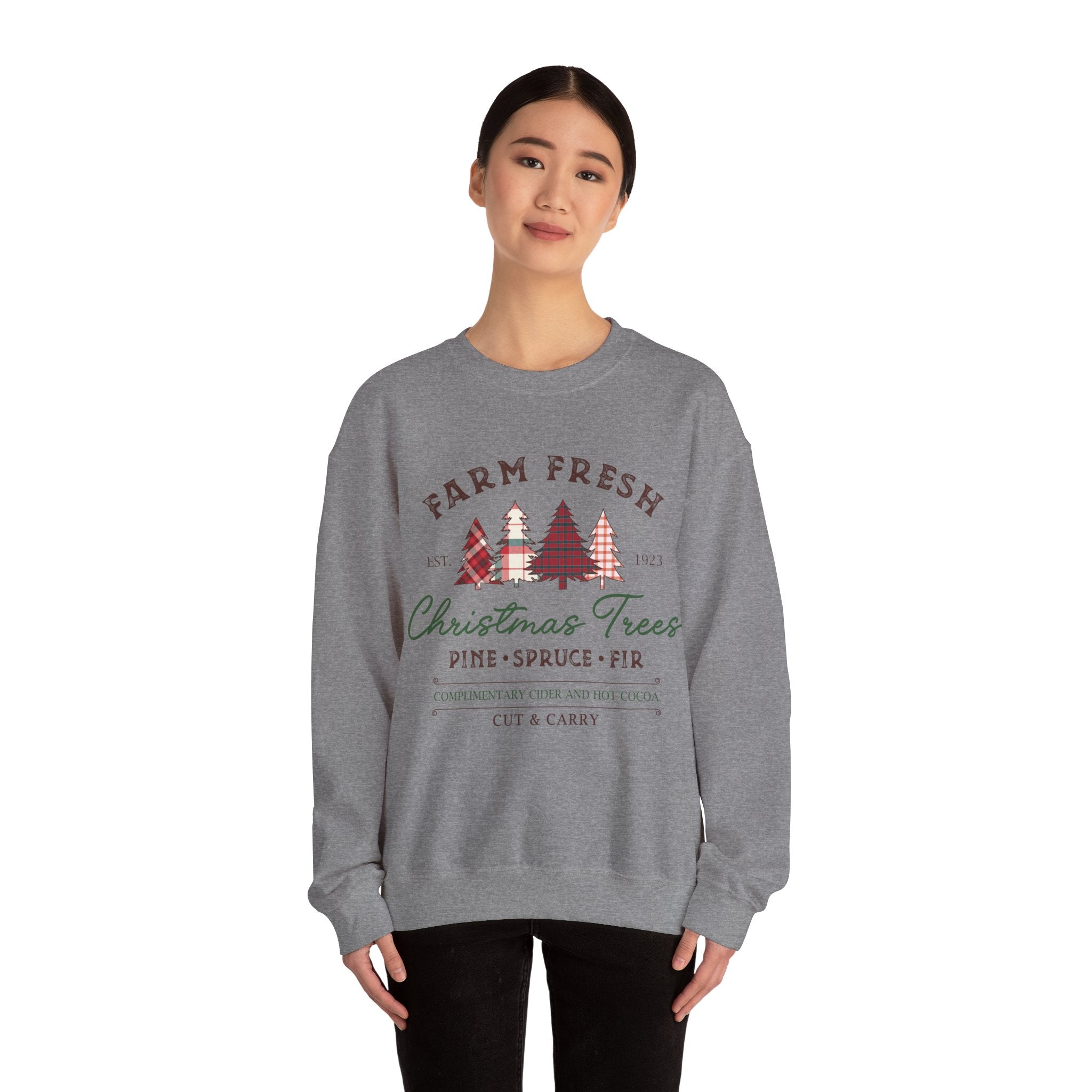 Gildan Farm Fresh Christmas Trees Crewneck Sweatshirt | Cozy Holiday Sweatshirt with Pine & Spruce Design