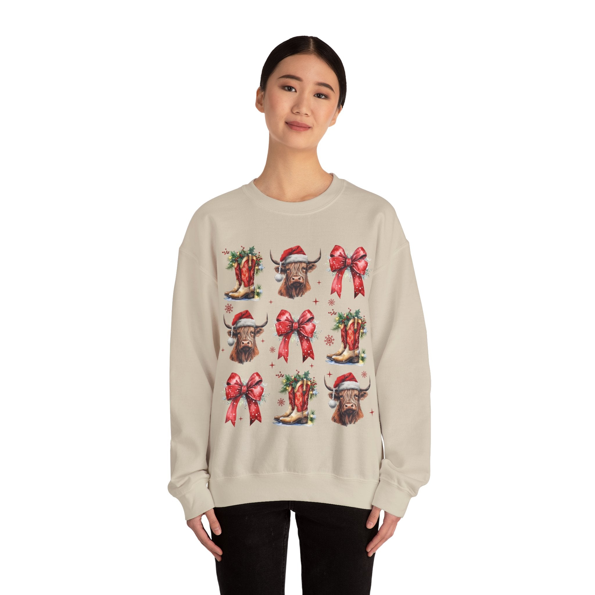 Gildan Festive Holiday Bull Sweatshirt | Unisex Christmas Crewneck featuring Santa Hats & Bows