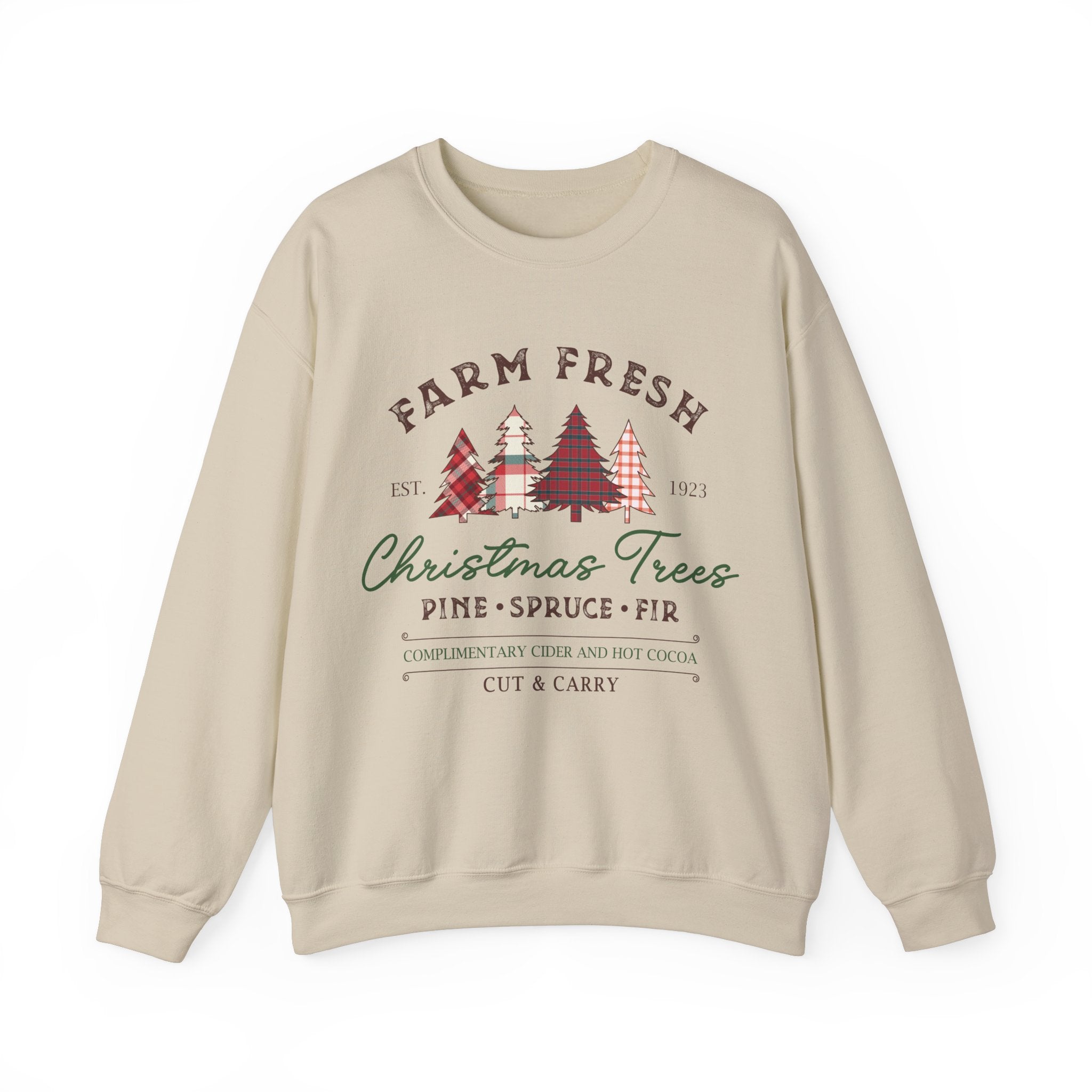 Gildan Farm Fresh Christmas Trees Crewneck Sweatshirt | Cozy Holiday Sweatshirt with Pine & Spruce Design