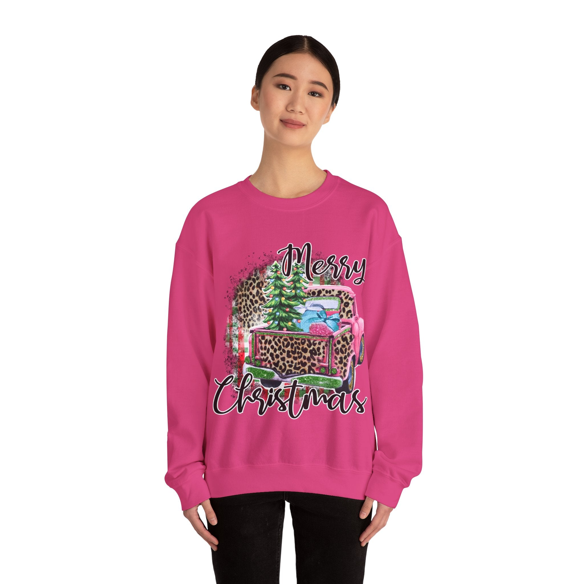 Gildan Merry Christmas Leopard Print Crewneck Sweatshirt for Holiday Comfort