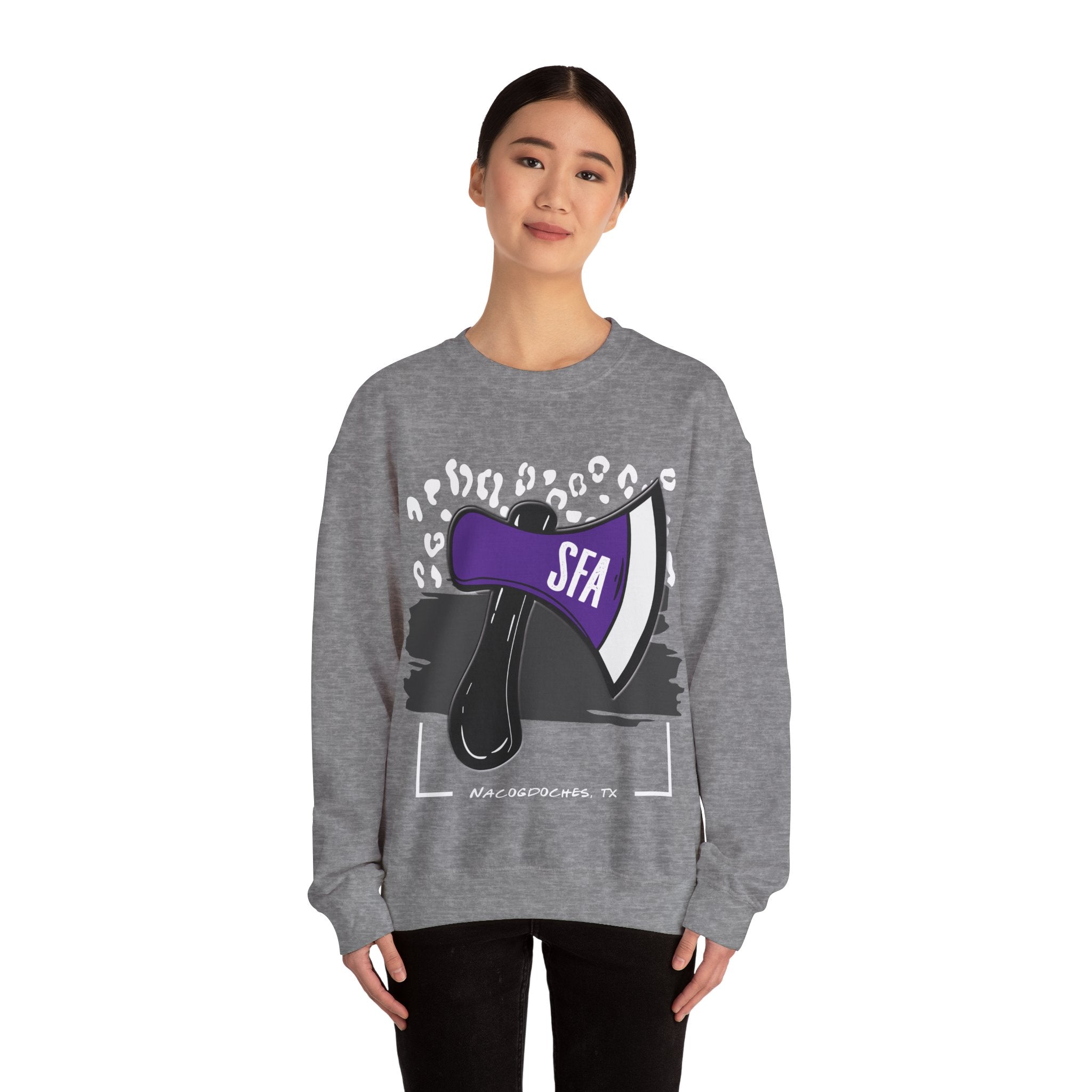 Gildan Unisex Heavy Blend™ Crewneck Collegiate Sweatshirt | SFASU  | LEOPARD AXE SFA