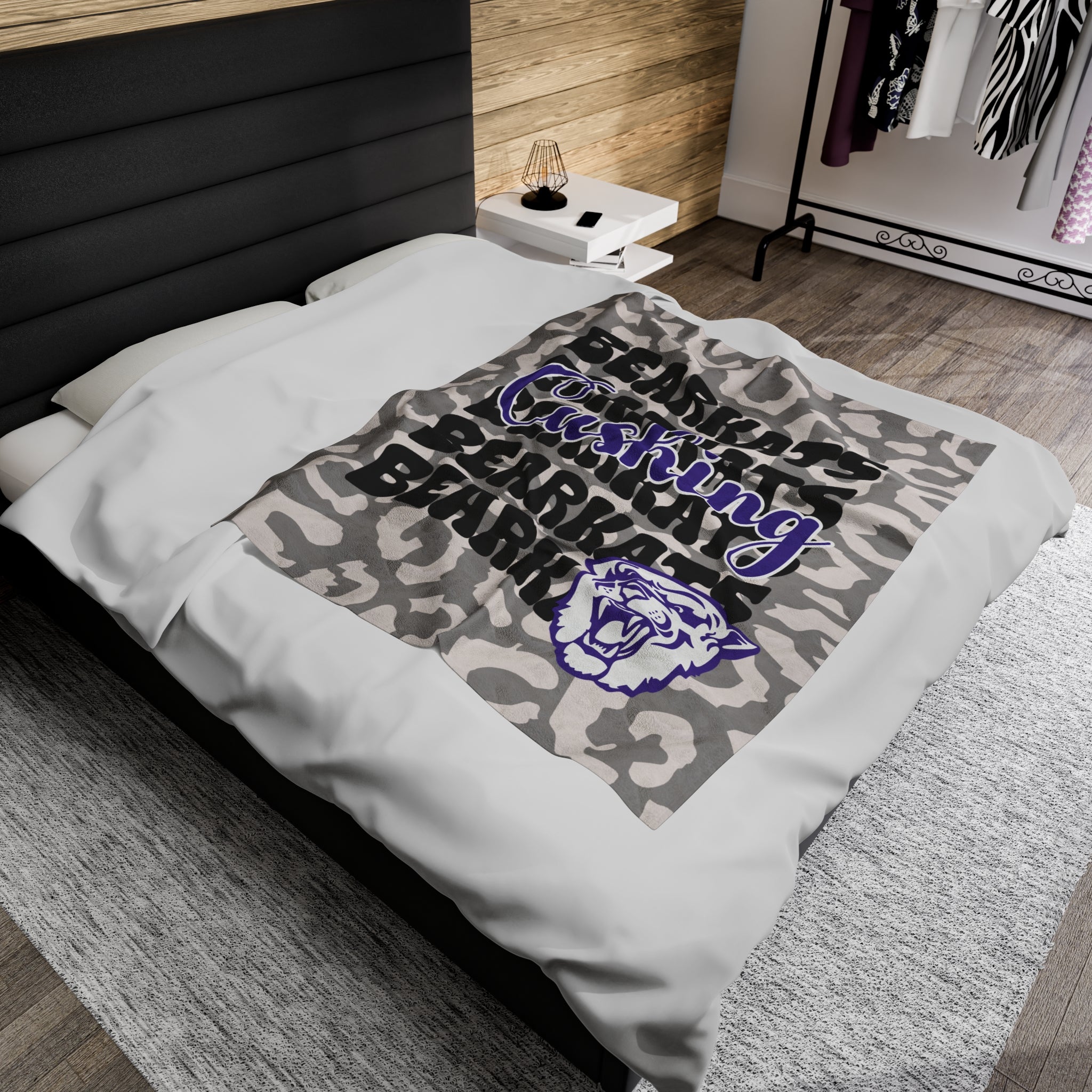 SCHOOL SPIRIT BLANKET | CUSHING BEARKATS | GRAY LEOPARD STACKED LOGO