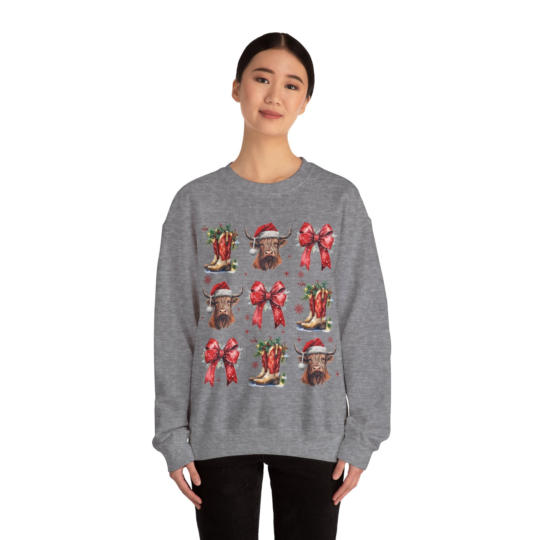 Gildan Festive Holiday Bull Sweatshirt | Unisex Christmas Crewneck featuring Santa Hats & Bows