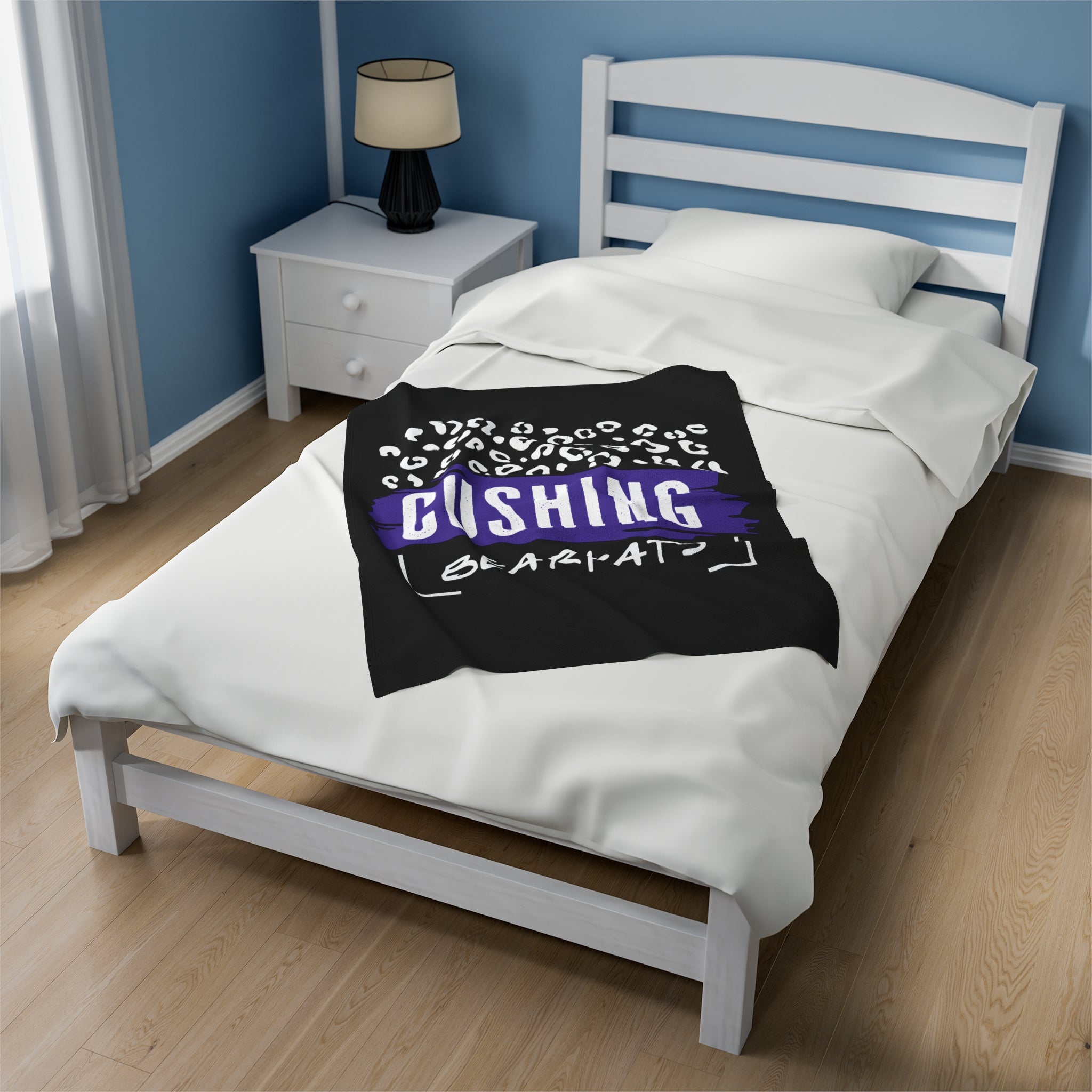 SCHOOL SPIRIT BLANKET | CUSHING BEARKATS | BLACK BLANKET | LEOPARD FRAME