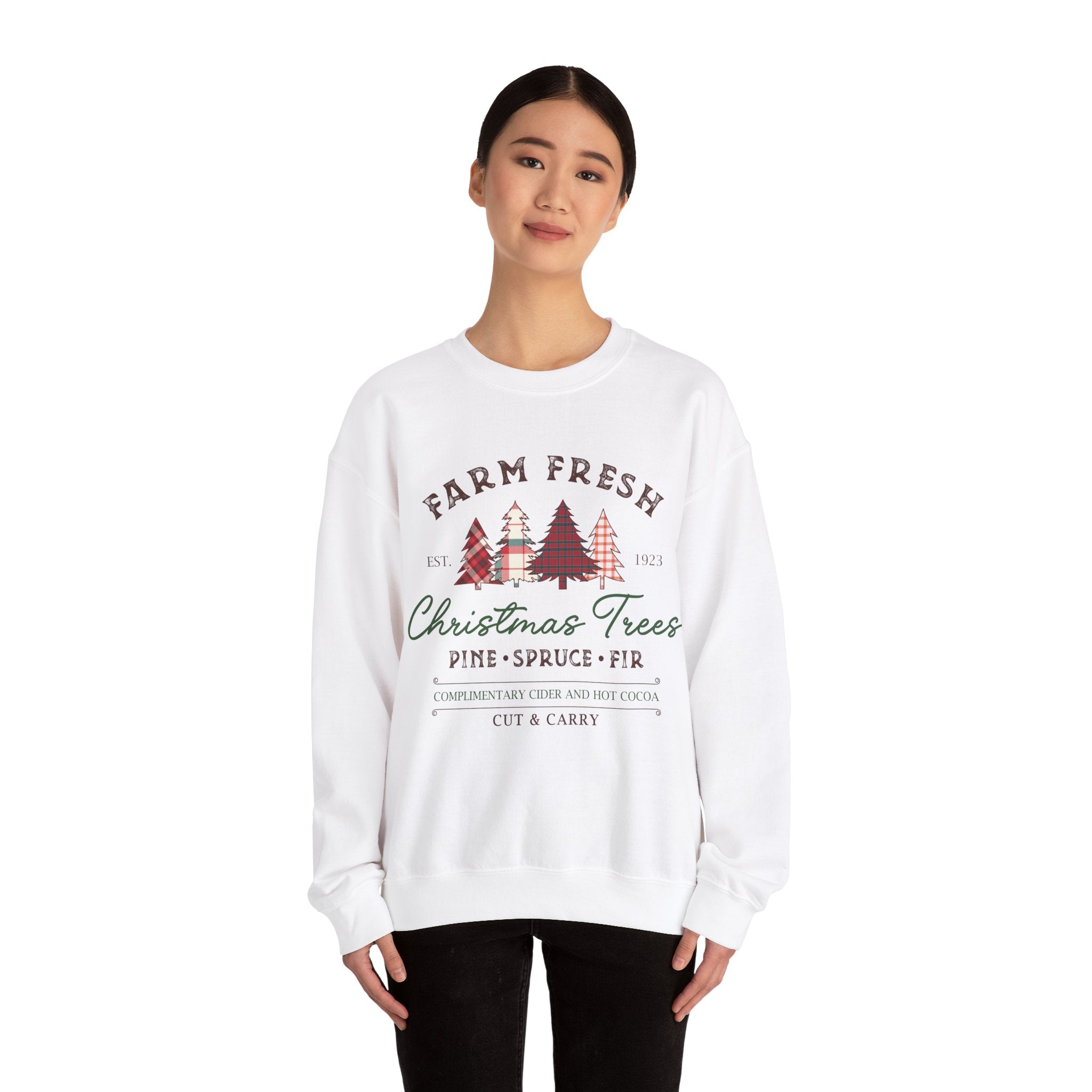 Gildan Farm Fresh Christmas Trees Crewneck Sweatshirt | Cozy Holiday Sweatshirt with Pine & Spruce Design