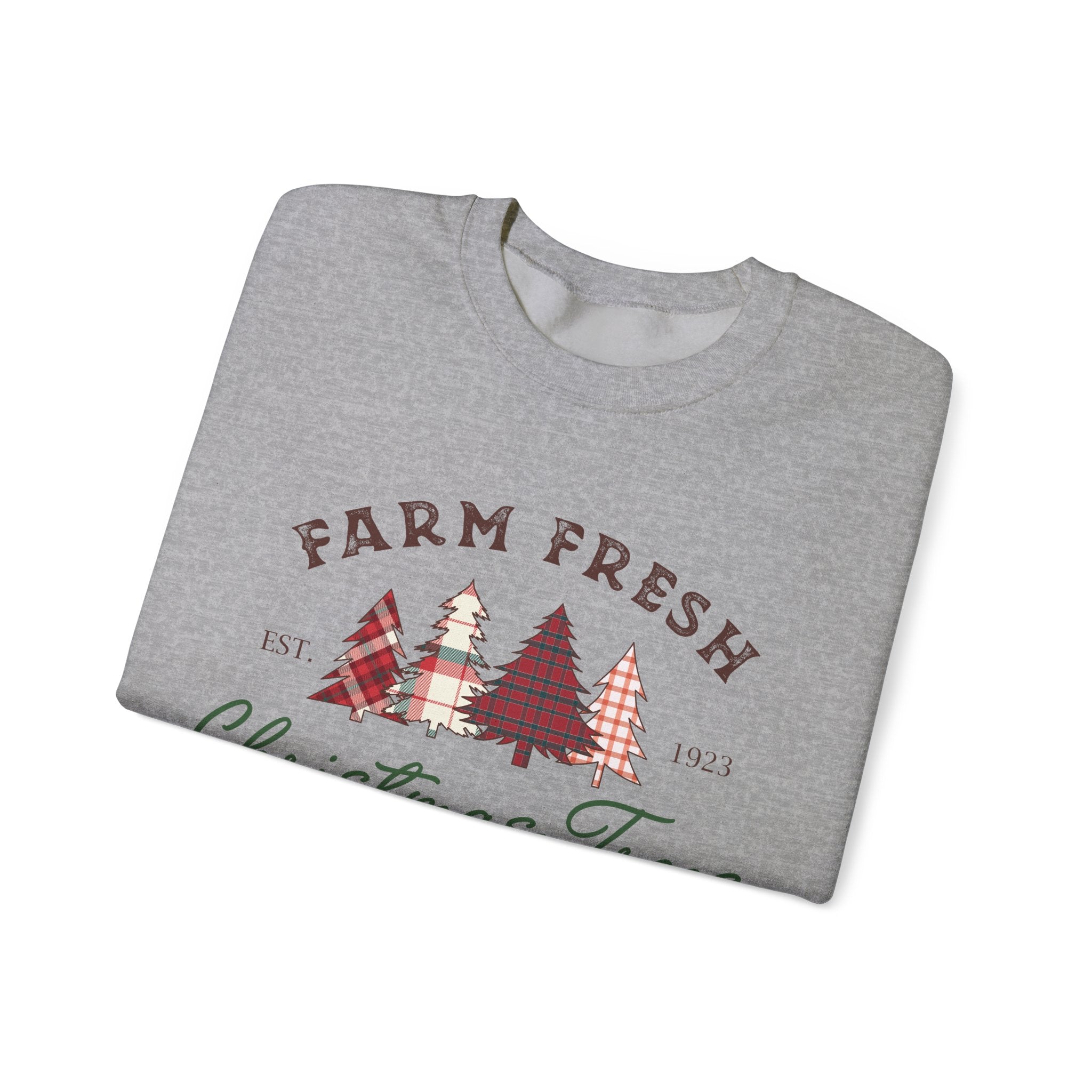 Gildan Farm Fresh Christmas Trees Crewneck Sweatshirt | Cozy Holiday Sweatshirt with Pine & Spruce Design