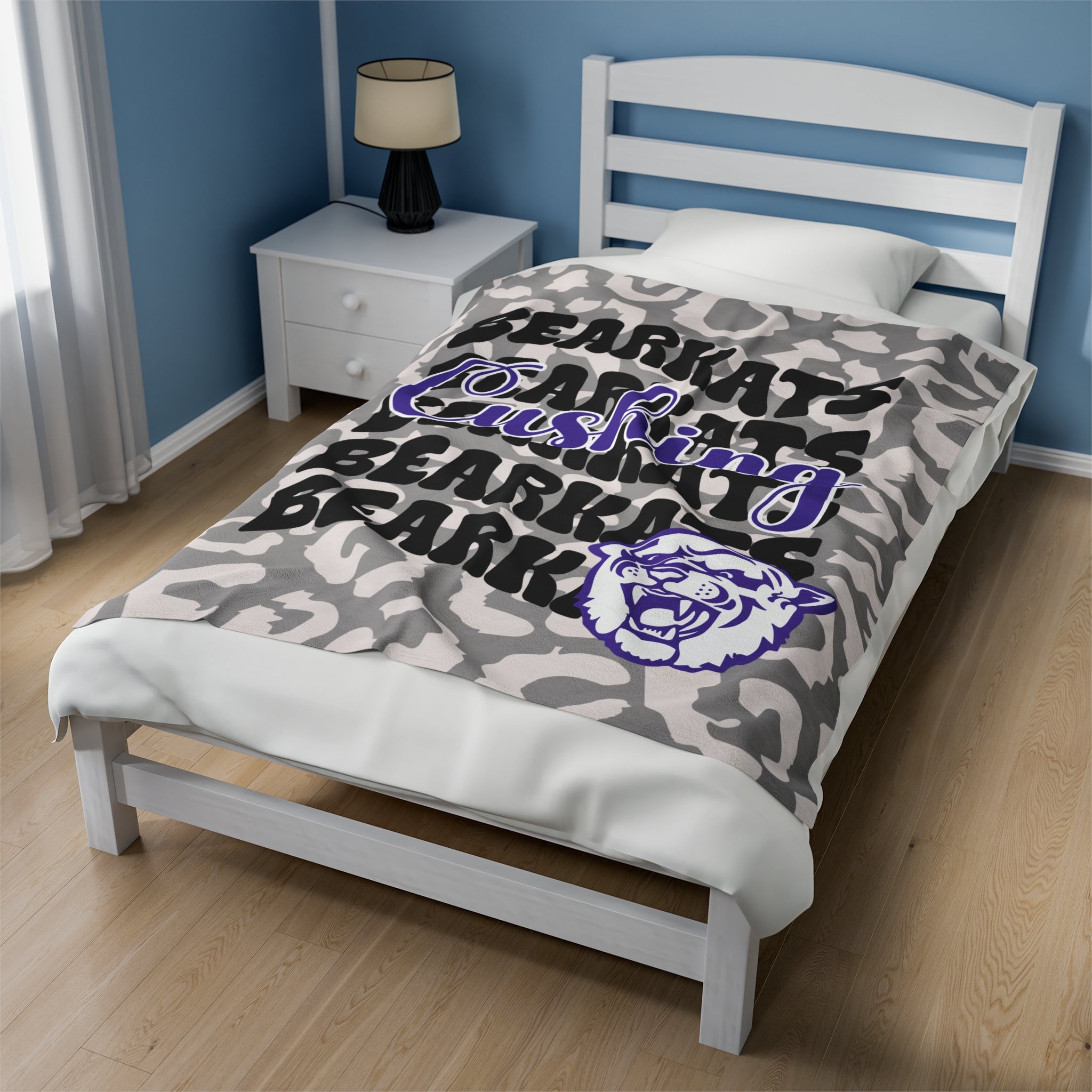 SCHOOL SPIRIT BLANKET | CUSHING BEARKATS | GRAY LEOPARD STACKED LOGO