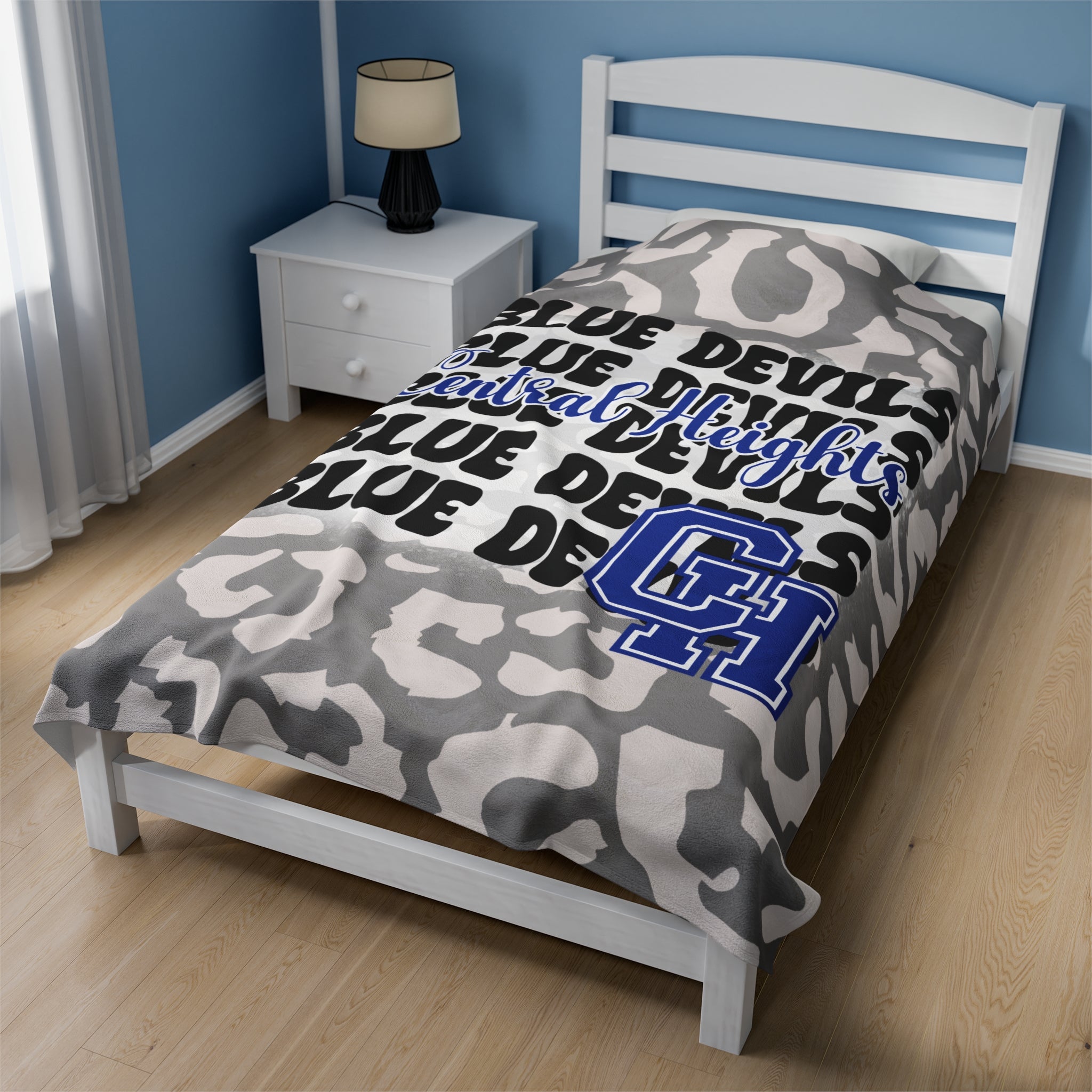 School Spirit Blanket | CENTRAL HEIGHTS BLUE DEVILS | STACKED GRAY LEOPARD