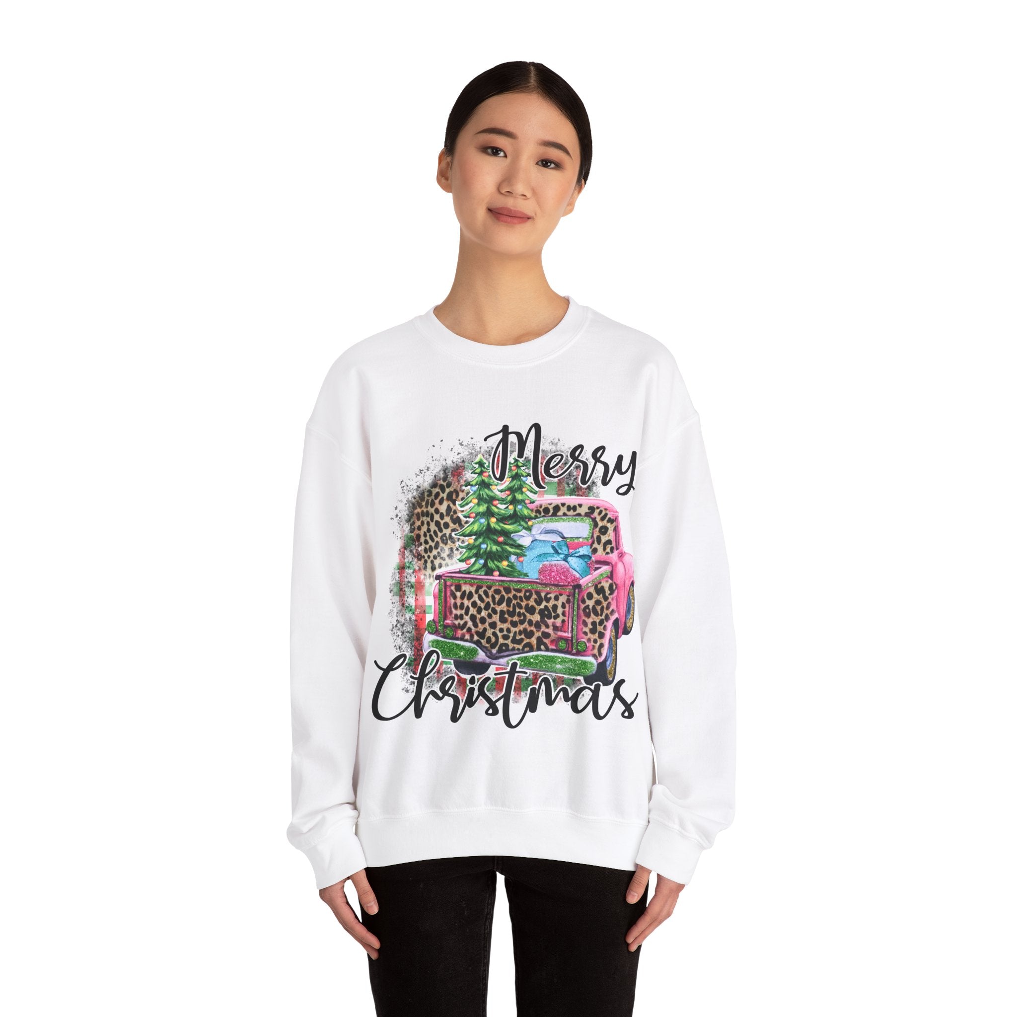 Gildan Merry Christmas Leopard Print Crewneck Sweatshirt for Holiday Comfort