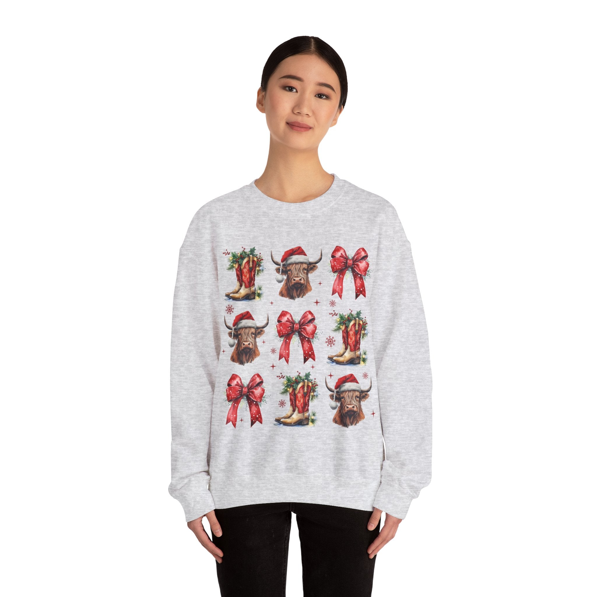 Gildan Festive Holiday Bull Sweatshirt | Unisex Christmas Crewneck featuring Santa Hats & Bows