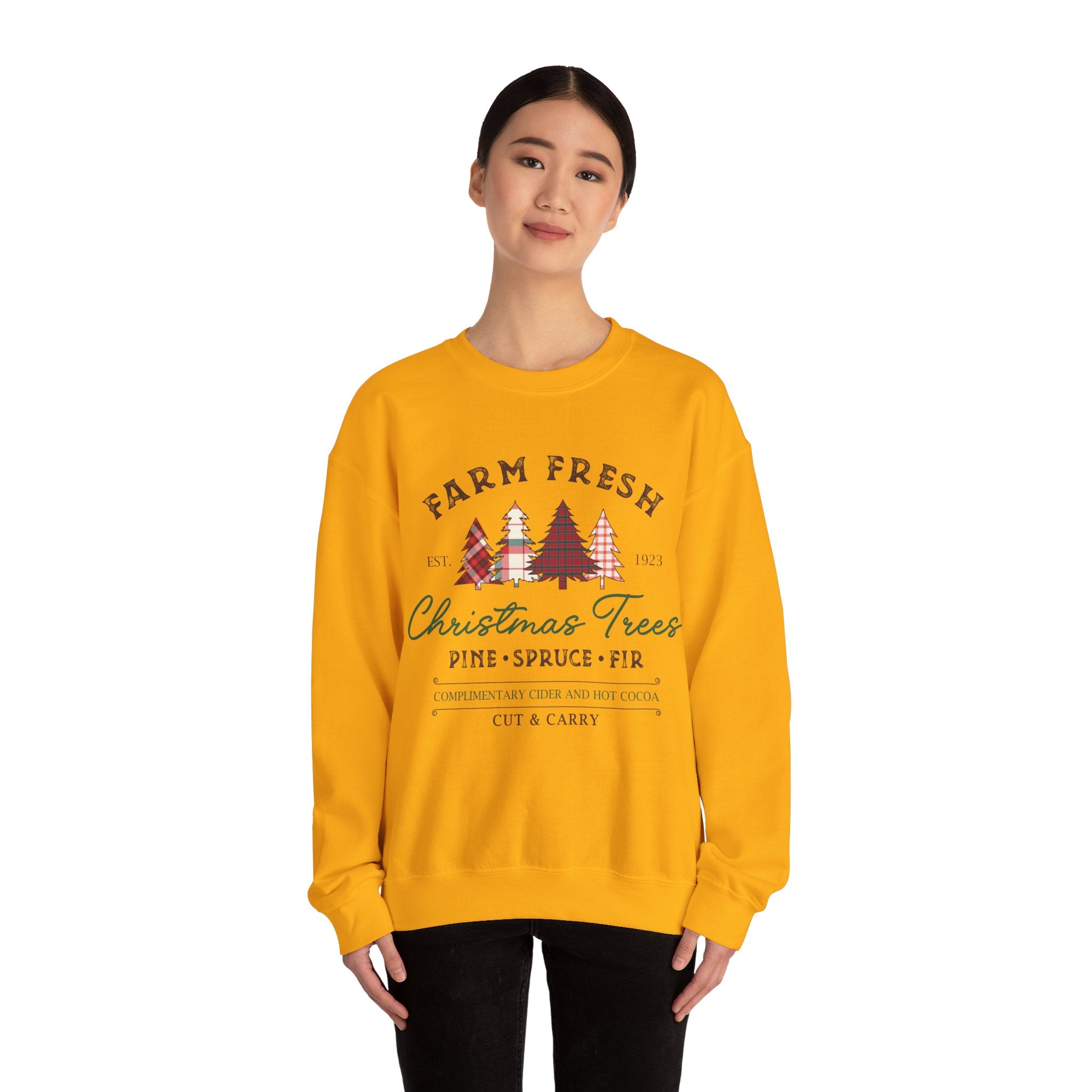 Gildan Farm Fresh Christmas Trees Crewneck Sweatshirt | Cozy Holiday Sweatshirt with Pine & Spruce Design