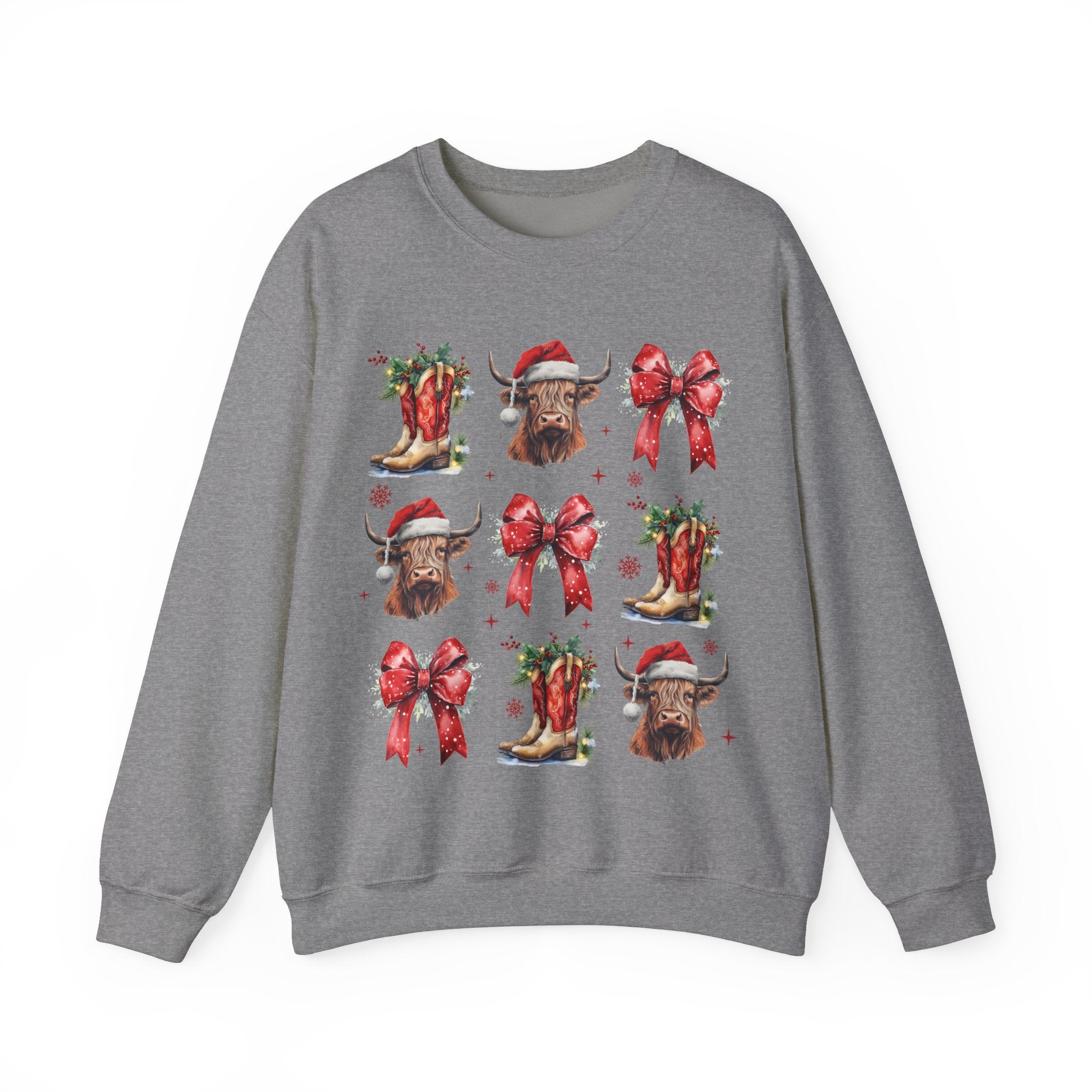 Gildan Festive Holiday Bull Sweatshirt | Unisex Christmas Crewneck featuring Santa Hats & Bows