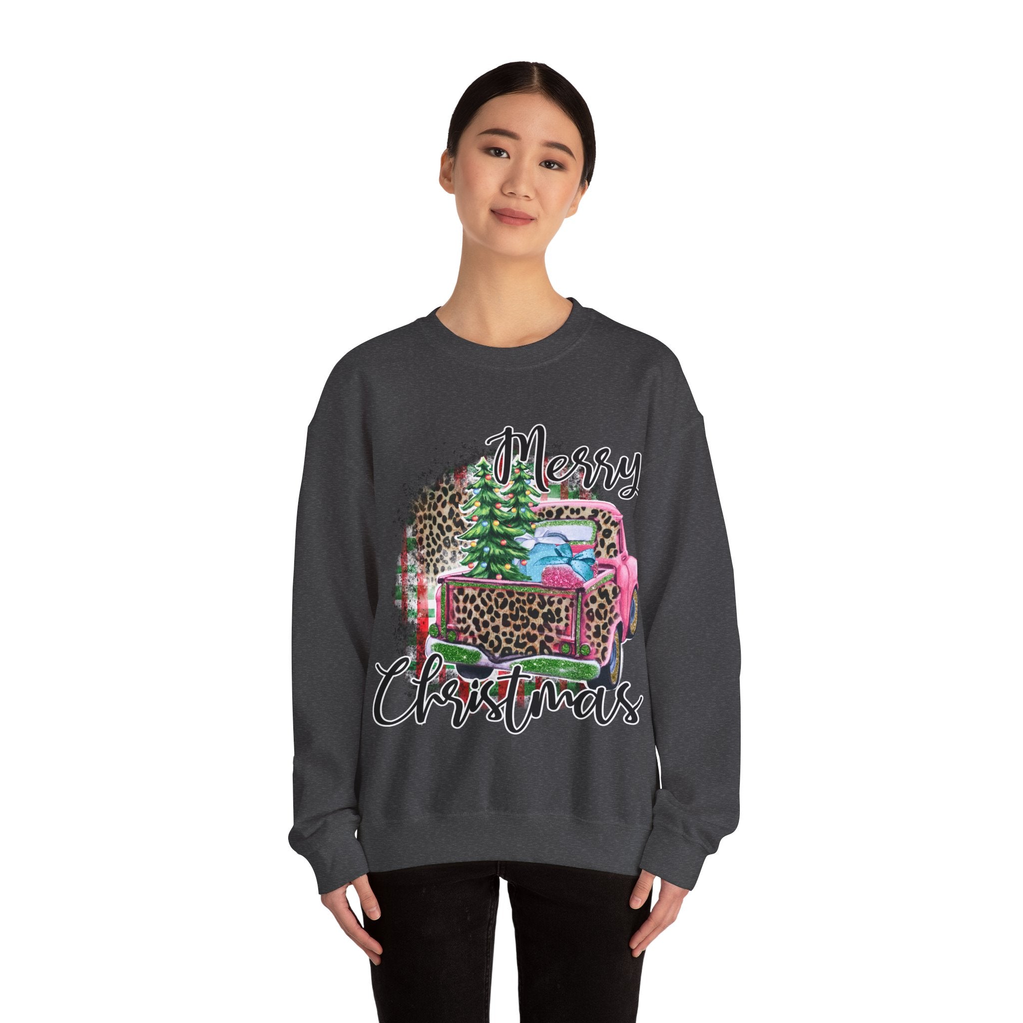 Gildan Merry Christmas Leopard Print Crewneck Sweatshirt for Holiday Comfort