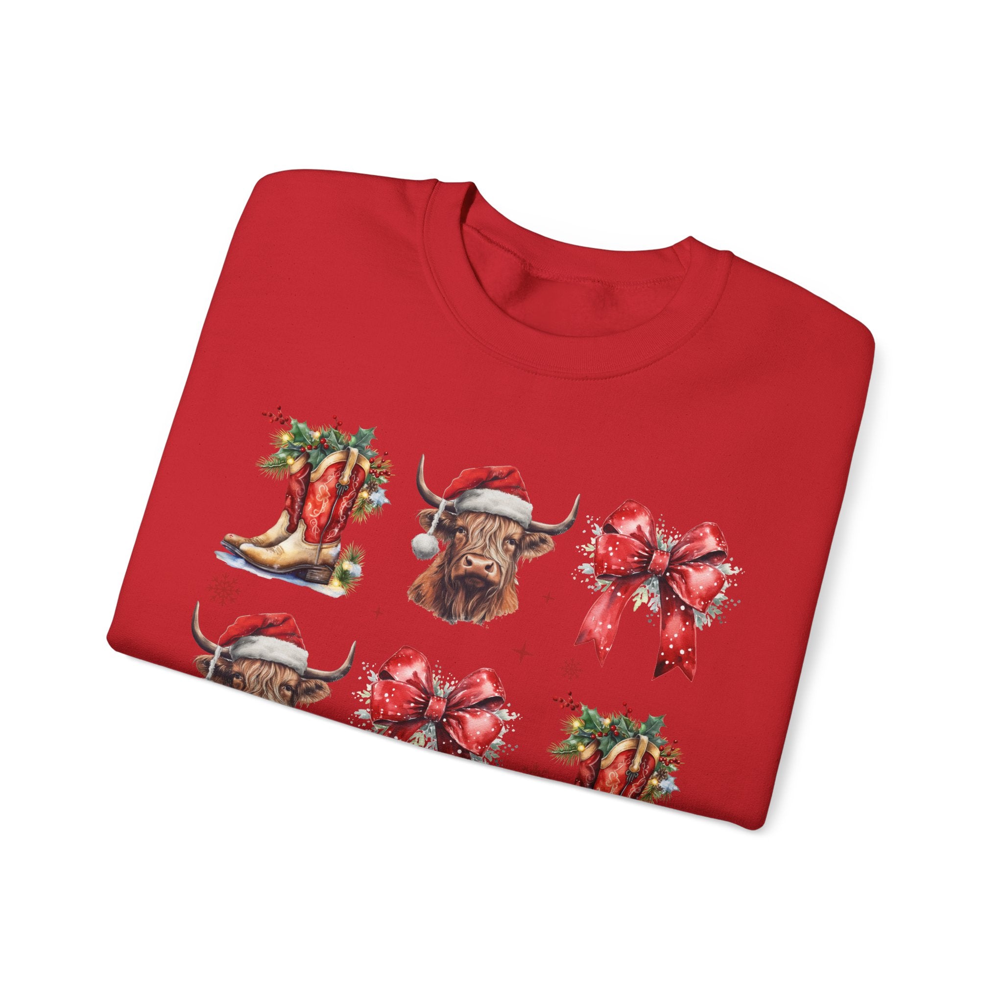 Gildan Festive Holiday Bull Sweatshirt | Unisex Christmas Crewneck featuring Santa Hats & Bows