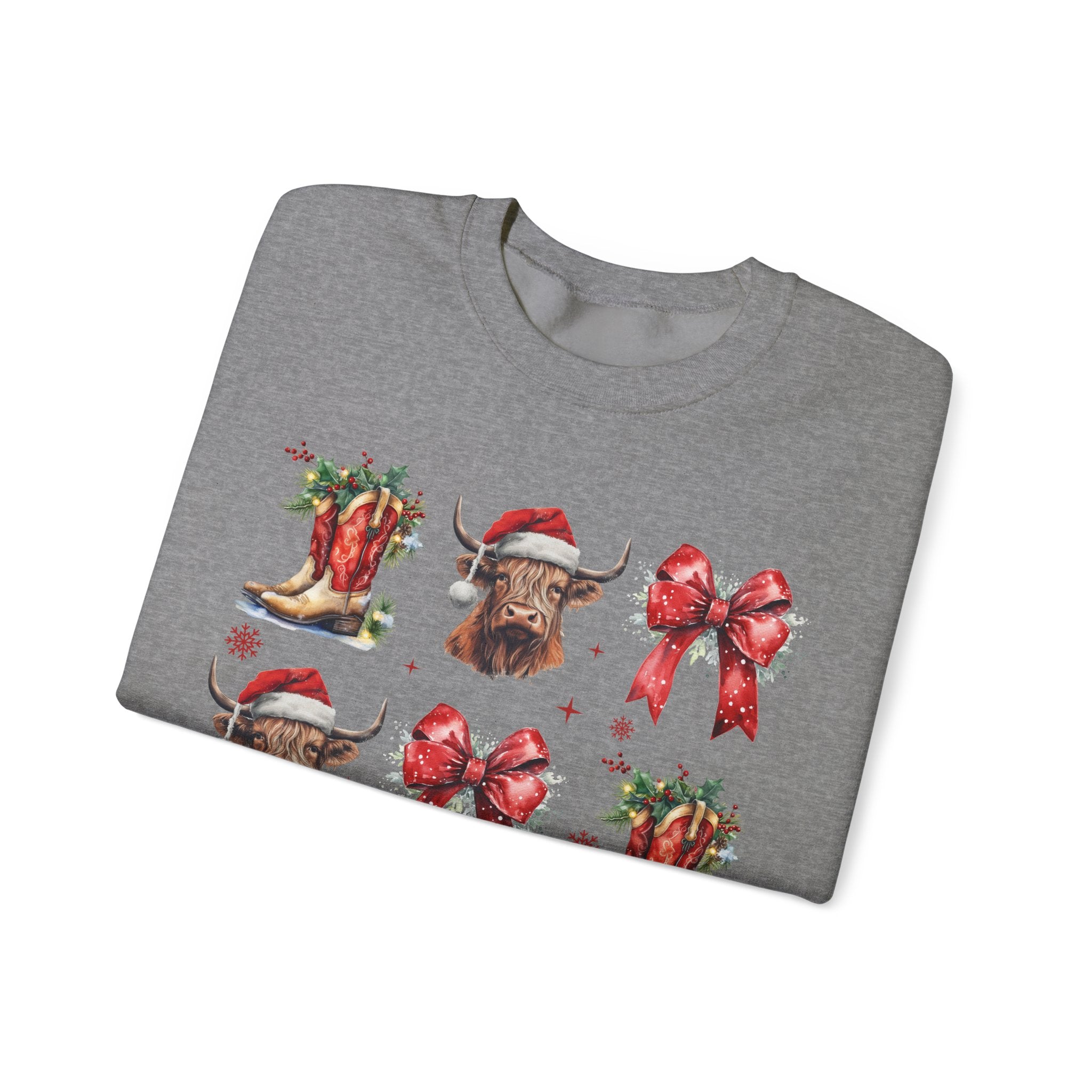 Gildan Festive Holiday Bull Sweatshirt | Unisex Christmas Crewneck featuring Santa Hats & Bows